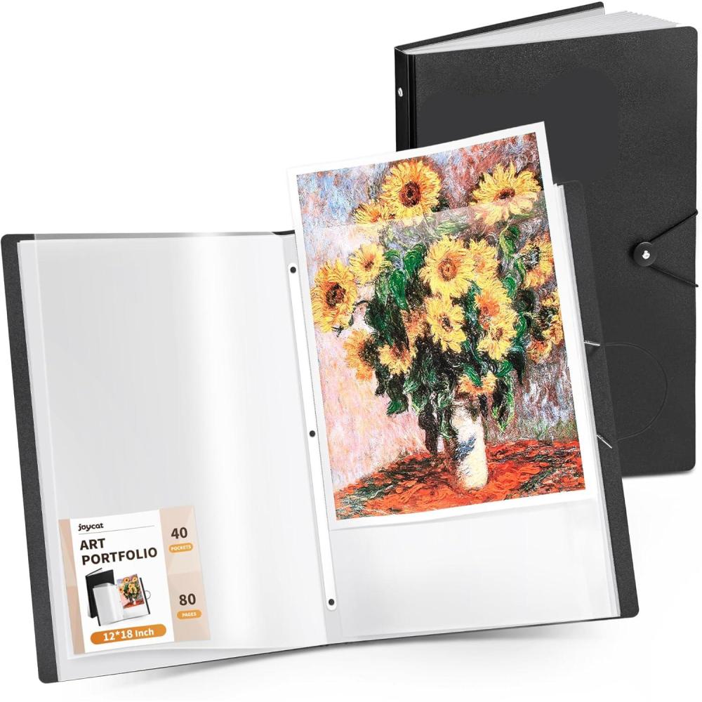 JoyCat Art Portfolio Binder 11″x17″,40 Pockets Art Folder with Clear View Pages, 80 Sheets Presentation Binder for Artists and Students (Black)(12×18 inch)