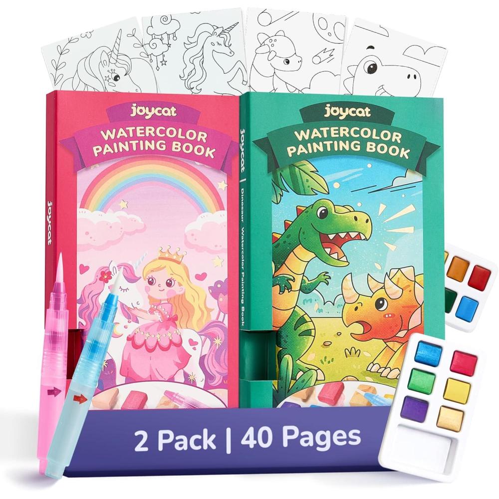 JoyCat Pocket Paint with Water Coloring Books for Kids, Art & Craft Activity Toy Set, Creative Travel & Home Painting Kit, Gifts for Girls & Boys Ages 3-8 (Animals)(2 Pack – Magical Pony & Dinosaurs)