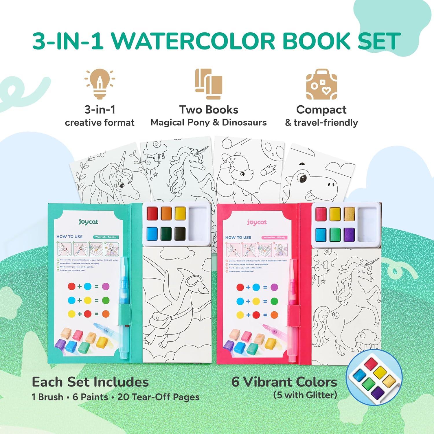 JoyCat Pocket Paint with Water Coloring Books for Kids, Art & Craft Activity Toy Set, Creative Travel & Home Painting Kit, Gifts for Girls & Boys Ages 3-8 (Animals)(2 Pack – Magical Pony & Dinosaurs)