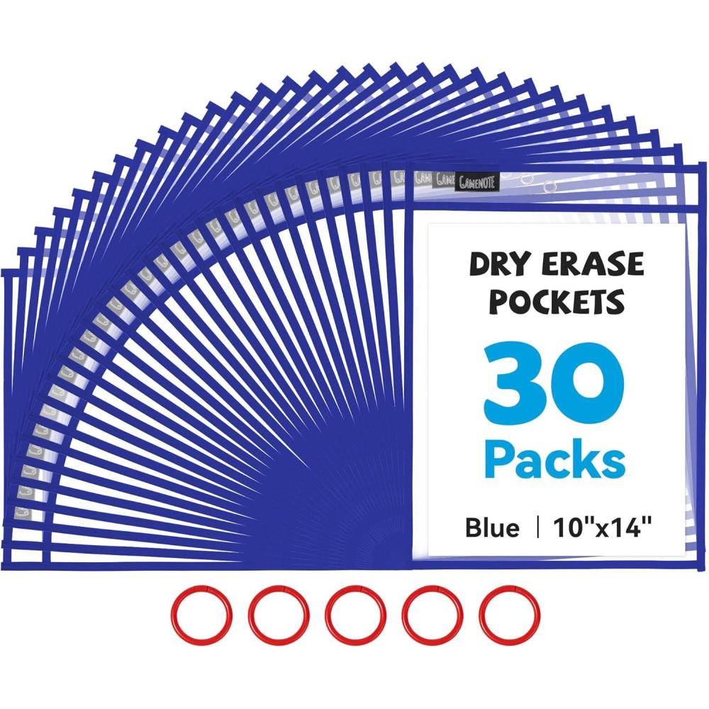 Gamenote Dry Erase Pockets 30 Pack with Rings, Oversized Reusable Plastic Sleeves Shop Job Ticket Holders Sheet Protectors Teacher Supplies Organization for Classroom Must Have, 10×14 Inches (Black)(Blue)
