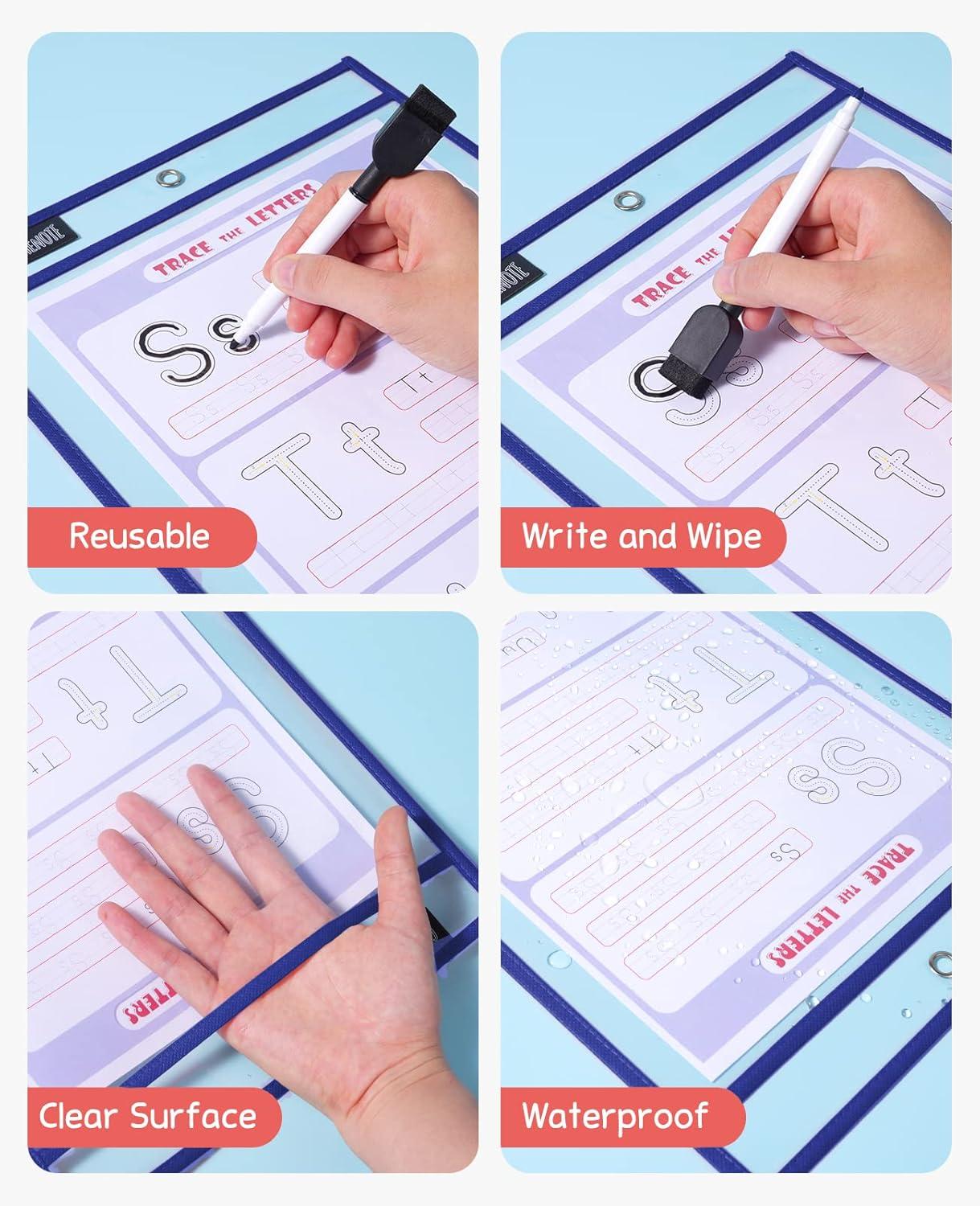 Gamenote Dry Erase Pockets 30 Pack with Rings, Oversized Reusable Plastic Sleeves Shop Job Ticket Holders Sheet Protectors Teacher Supplies Organization for Classroom Must Have, 10×14 Inches (Black)(Blue)