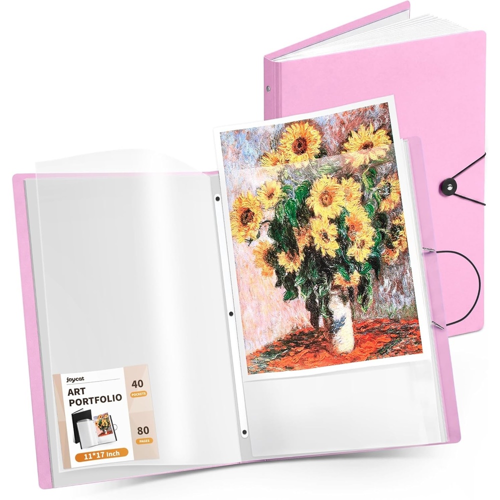 JoyCat Art Portfolio Binder Fits 11″x17″,40 Pockets Art Folder with Clear View Pages, 80 Sheets Presentation Binder for Artists and Students (Pink)(Pink)