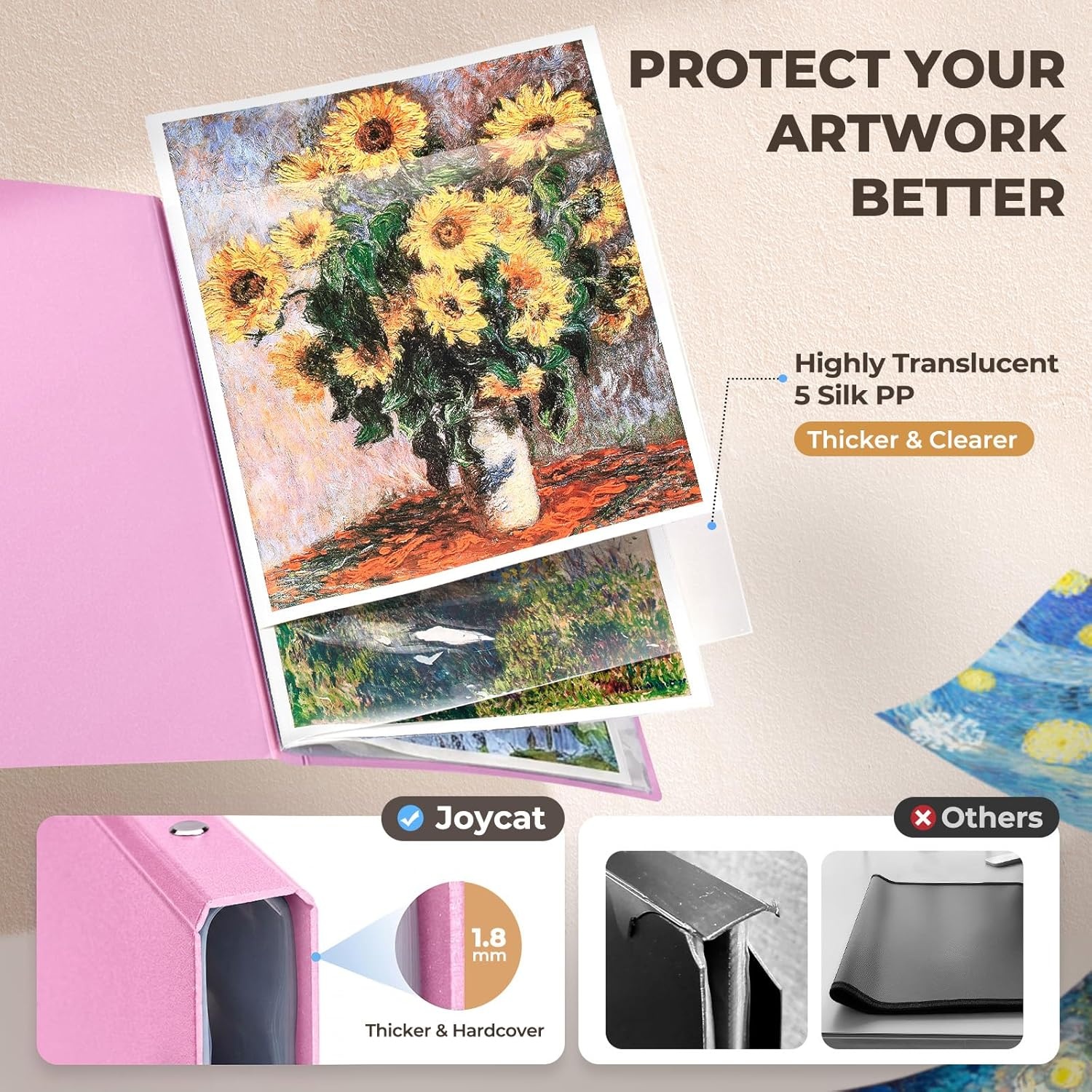 JoyCat Art Portfolio Binder Fits 11″x17″,40 Pockets Art Folder with Clear View Pages, 80 Sheets Presentation Binder for Artists and Students (Pink)(Pink)