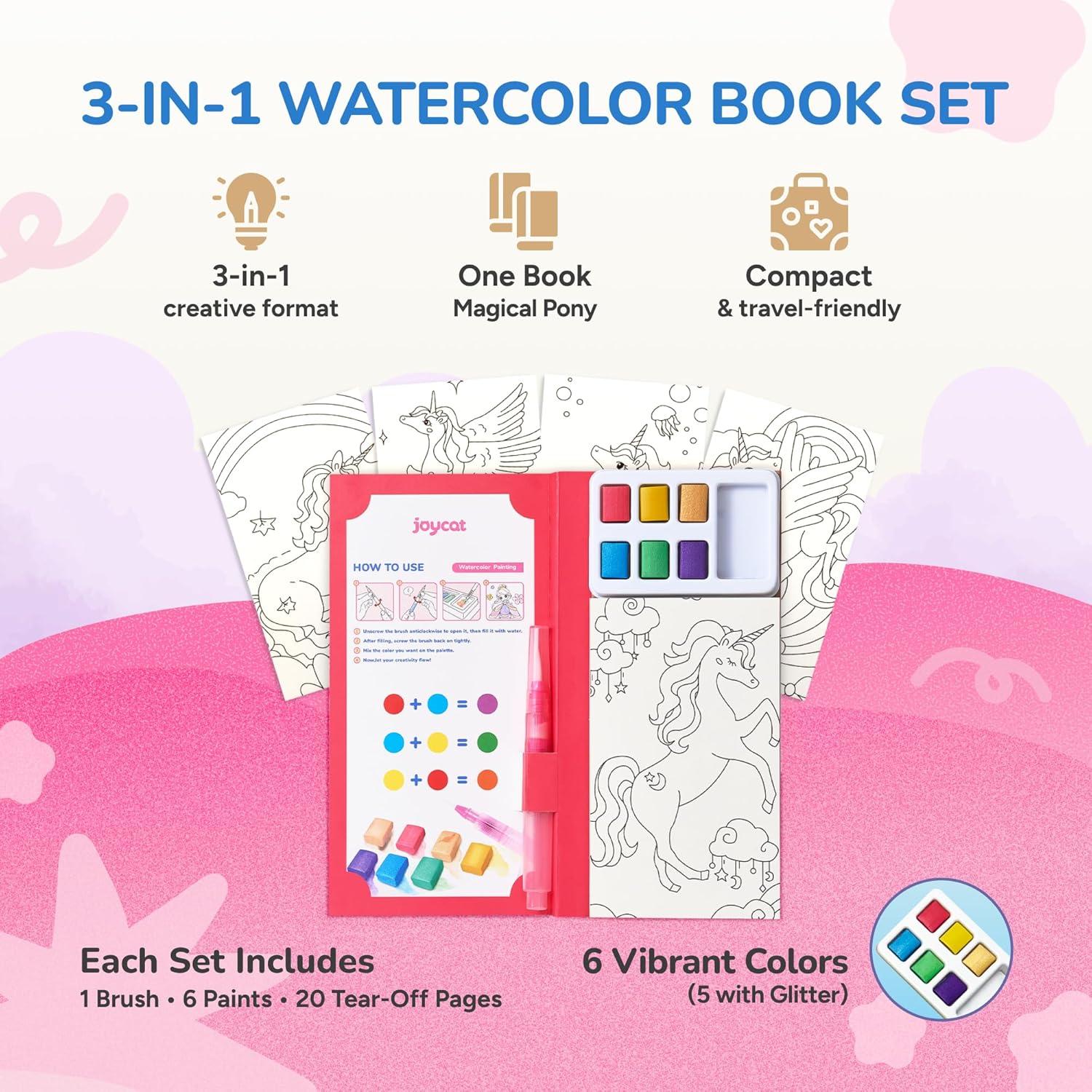 JoyCat Pocket Paint with Water Coloring Books for Kids, Art & Craft Activity Toy Set, Creative Travel & Home Painting Kit, Gifts for Girls & Boys Ages 3-8 (Animals)(1 Pack – Magical Pony)