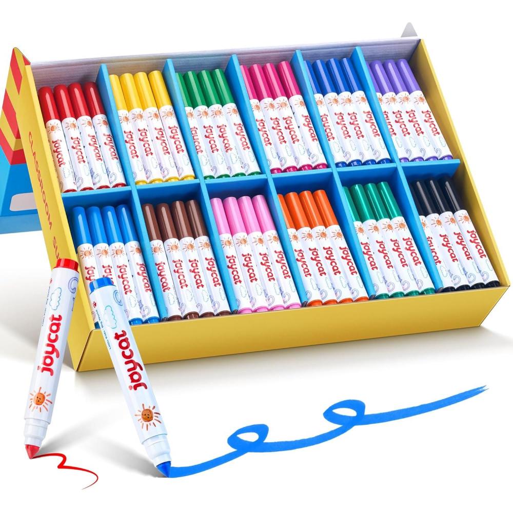 JoyCat 240-Count Washable Markers Bulk Set – 12 Assorted Colors | Classroom Supplies for Teachers, Markers For Kids & School | Flip-Top Storage Box, Non-Toxic Art Supplies