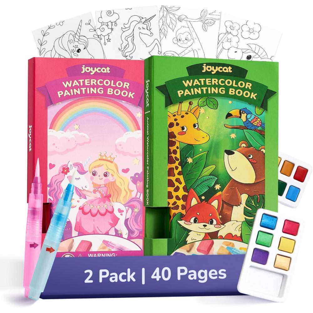 JoyCat Pocket Paint with Water Coloring Books for Kids, Art & Craft Activity Toy Set, Creative Travel & Home Painting Kit, Gifts for Girls & Boys Ages 3-8 (Animals)(2 Pack – Magical Pony & Animals)