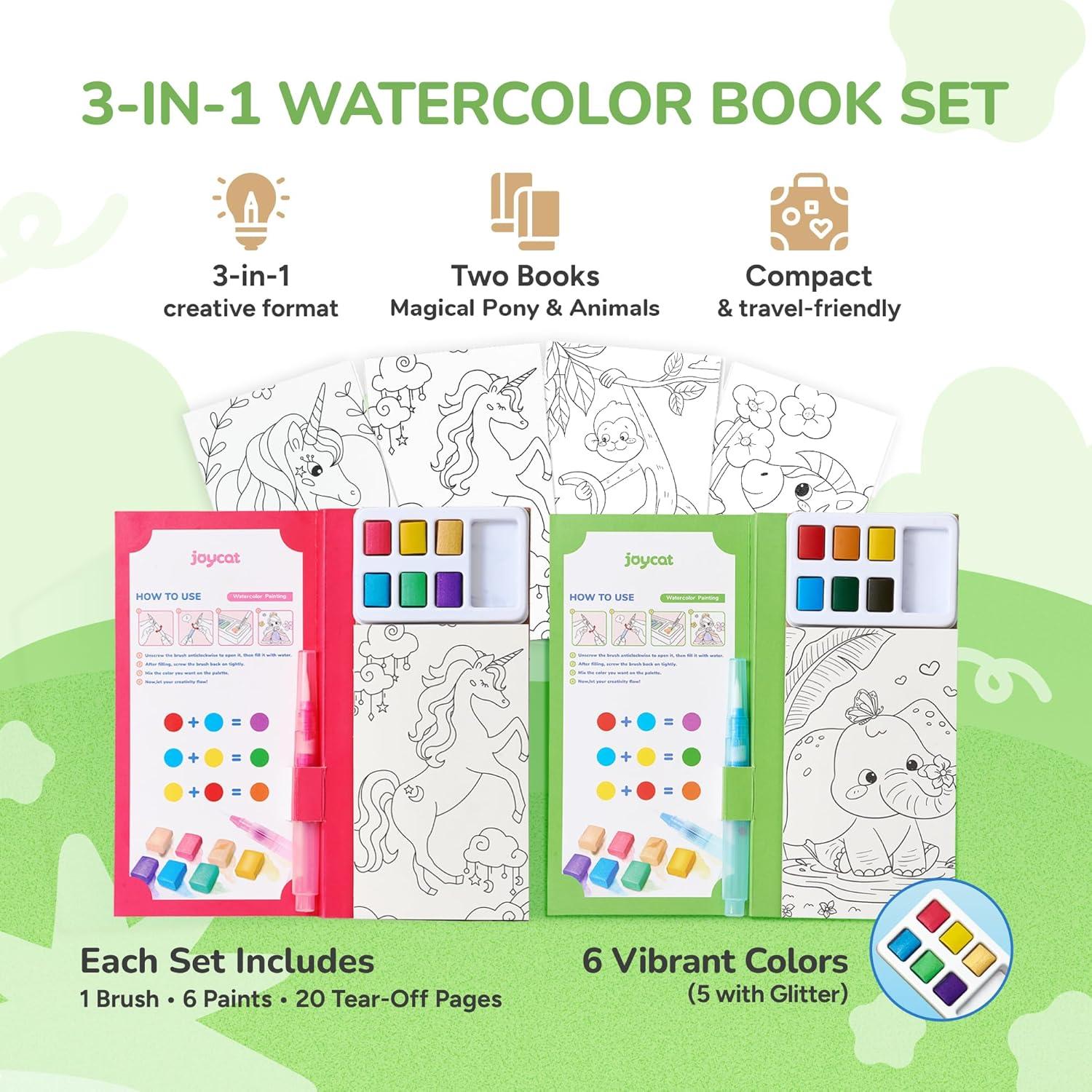 JoyCat Pocket Paint with Water Coloring Books for Kids, Art & Craft Activity Toy Set, Creative Travel & Home Painting Kit, Gifts for Girls & Boys Ages 3-8 (Animals)(2 Pack – Magical Pony & Animals)