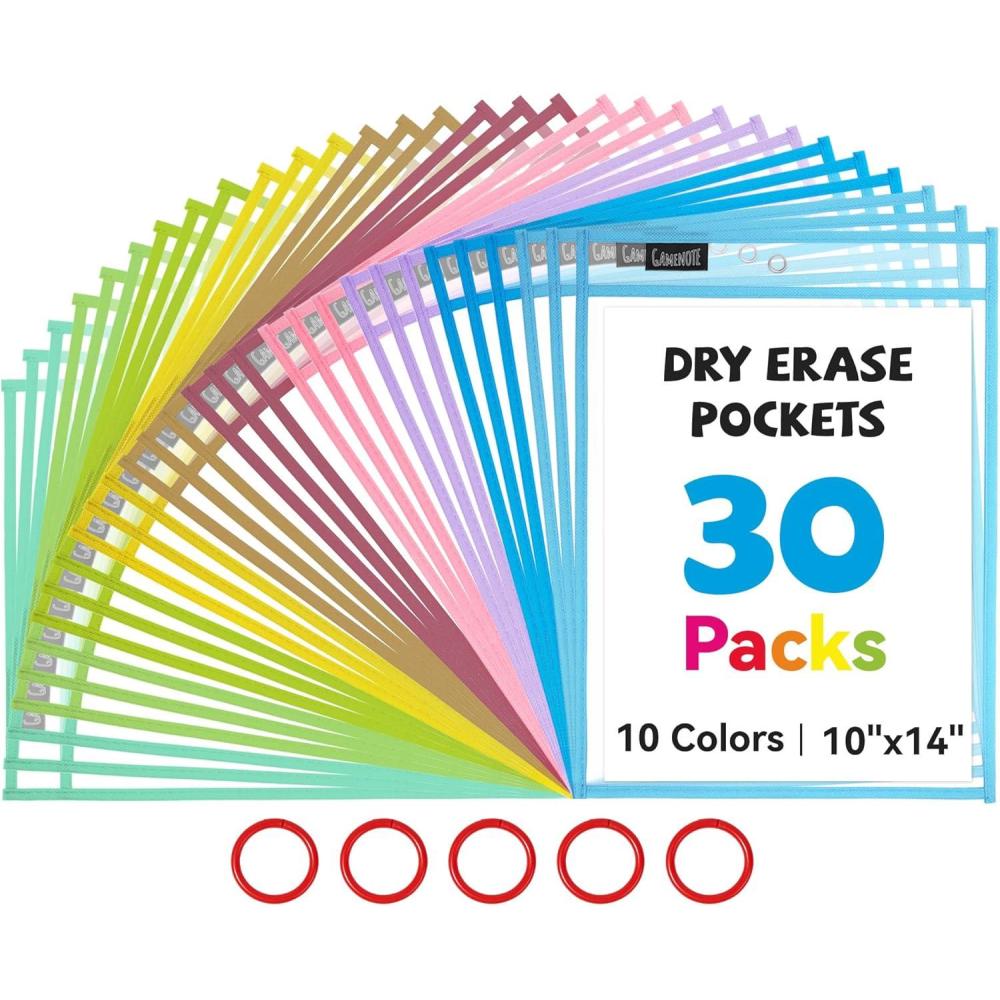 Gamenote Dry Erase Pockets 30 Pack with Rings, Oversized Reusable Plastic Sleeves Shop Job Ticket Holders Sheet Protectors Teacher Supplies Organization for Classroom Must Have, 10×14 Inches (Black)(Pastel)