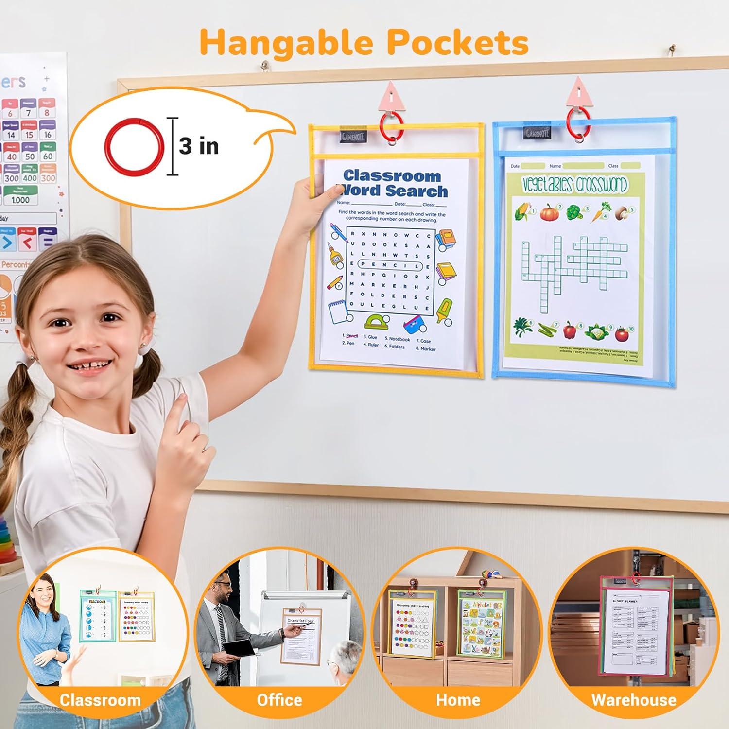 Gamenote Dry Erase Pockets 30 Pack with Rings, Oversized Reusable Plastic Sleeves Shop Job Ticket Holders Sheet Protectors Teacher Supplies Organization for Classroom Must Have, 10×14 Inches (Black)(Pastel)