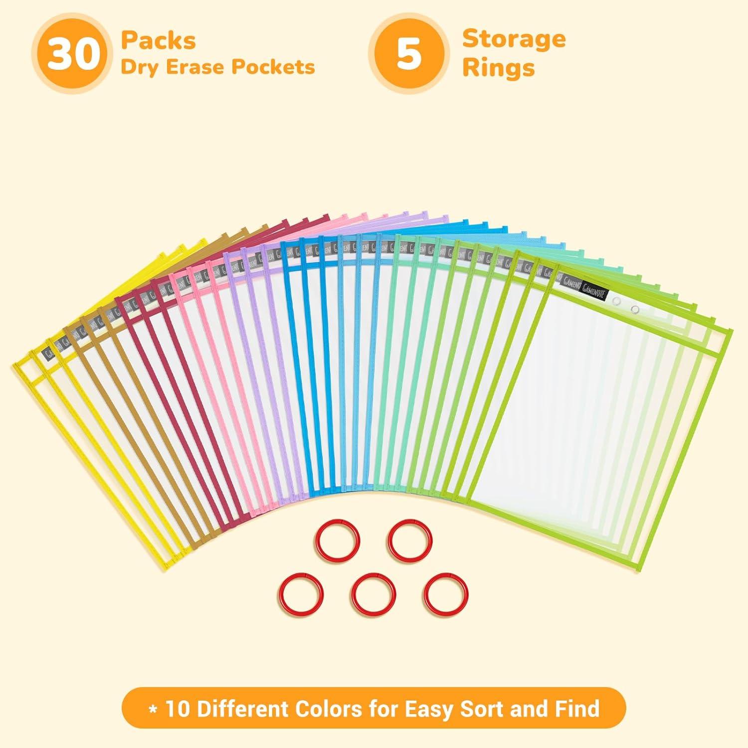 Gamenote Dry Erase Pockets 30 Pack with Rings, Oversized Reusable Plastic Sleeves Shop Job Ticket Holders Sheet Protectors Teacher Supplies Organization for Classroom Must Have, 10×14 Inches (Black)(Pastel)