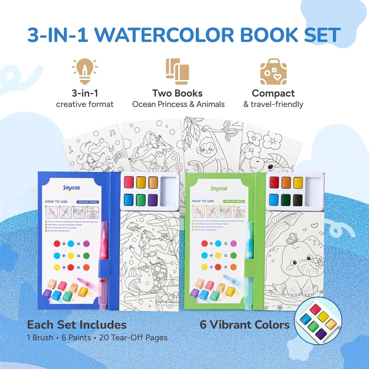 JoyCat Pocket Paint with Water Coloring Books for Kids, Art & Craft Activity Toy Set, Creative Travel & Home Painting Kit, Gifts for Girls & Boys Ages 3-8 (Animals)(2 Pack – Ocean Princess & Animals)