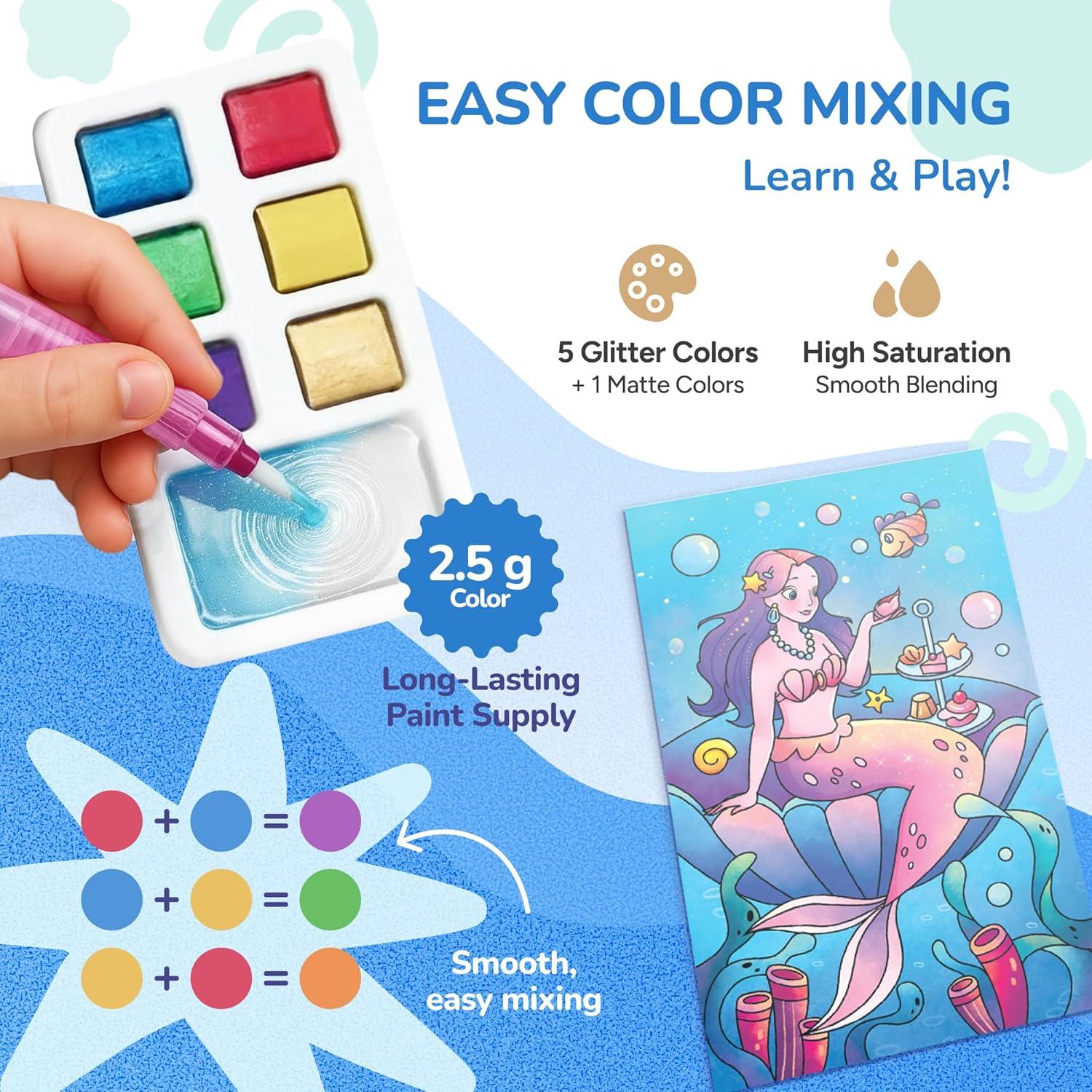 JoyCat Pocket Paint with Water Coloring Books for Kids, Art & Craft Activity Toy Set, Creative Travel & Home Painting Kit, Gifts for Girls & Boys Ages 3-8 (Animals)(2 Pack – Ocean Princess & Dinosaurs)