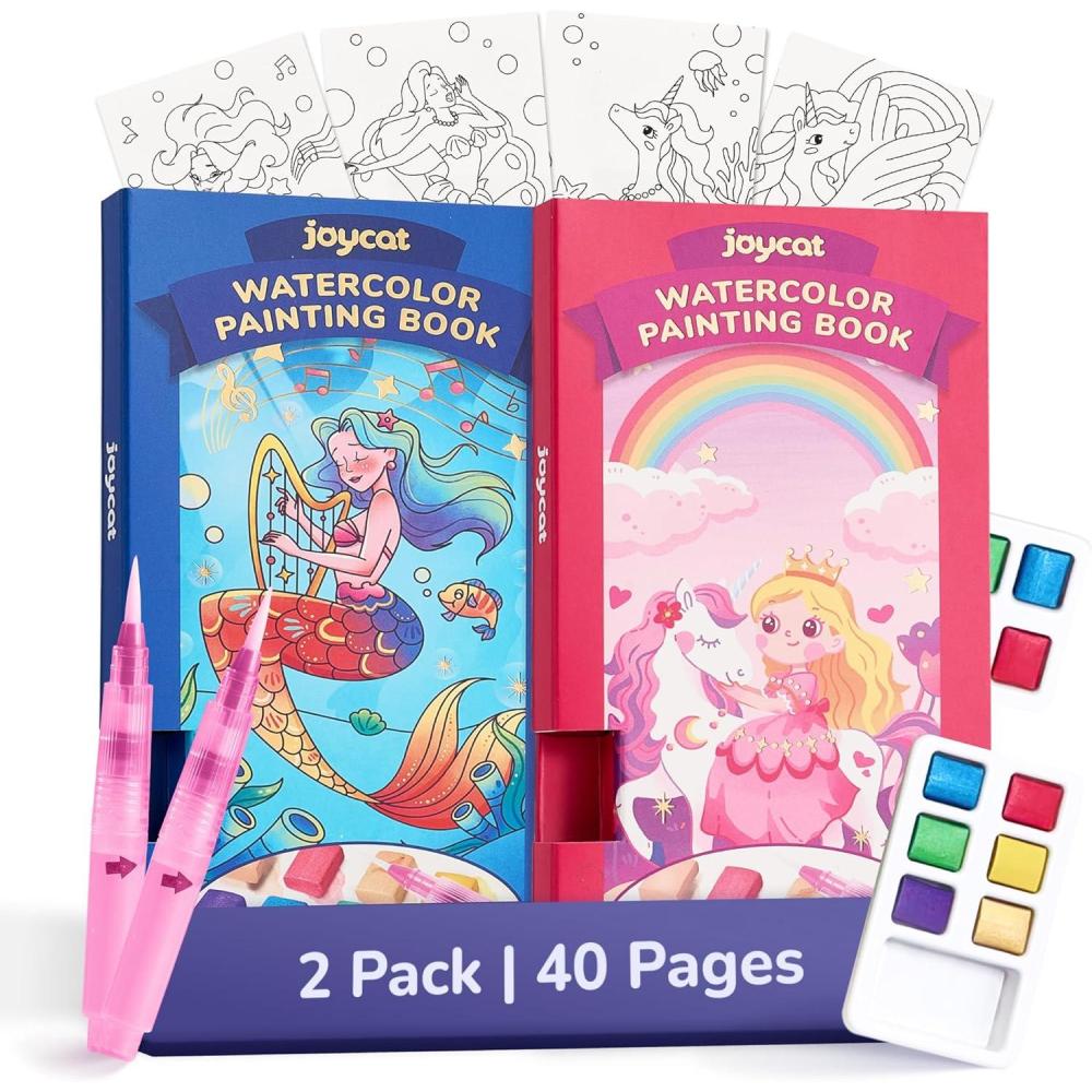 JoyCat Pocket Paint with Water Coloring Books for Kids, Art & Craft Activity Toy Set, Creative Travel & Home Painting Kit, Gifts for Girls & Boys Ages 3-8 (Animals)(2 Pack – Magical Pony & Ocean Princess)