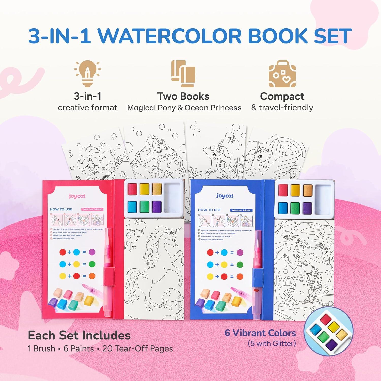 JoyCat Pocket Paint with Water Coloring Books for Kids, Art & Craft Activity Toy Set, Creative Travel & Home Painting Kit, Gifts for Girls & Boys Ages 3-8 (Animals)(2 Pack – Magical Pony & Ocean Princess)