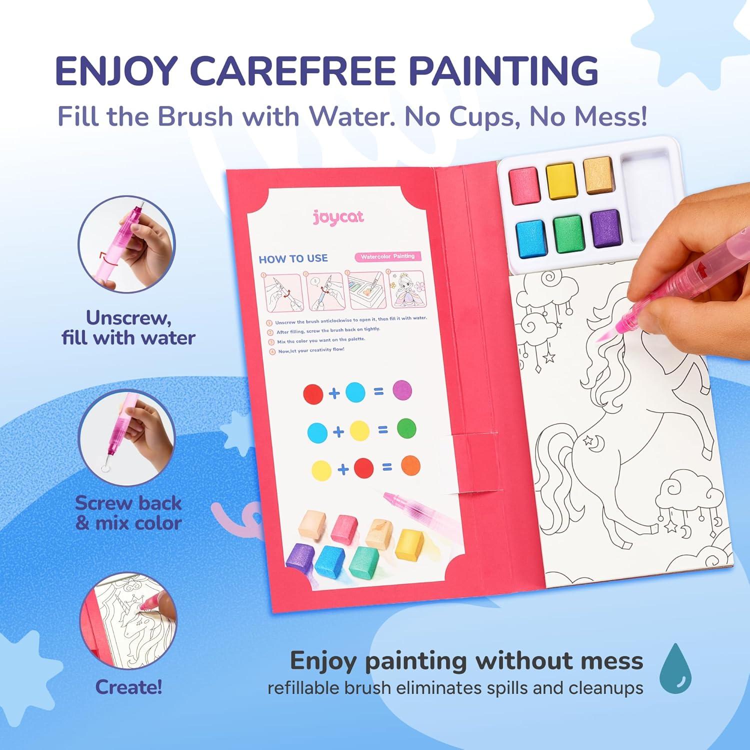 JoyCat Pocket Paint with Water Coloring Books for Kids, Art & Craft Activity Toy Set, Creative Travel & Home Painting Kit, Gifts for Girls & Boys Ages 3-8 (Animals)(2 Pack – Magical Pony & Ocean Princess)