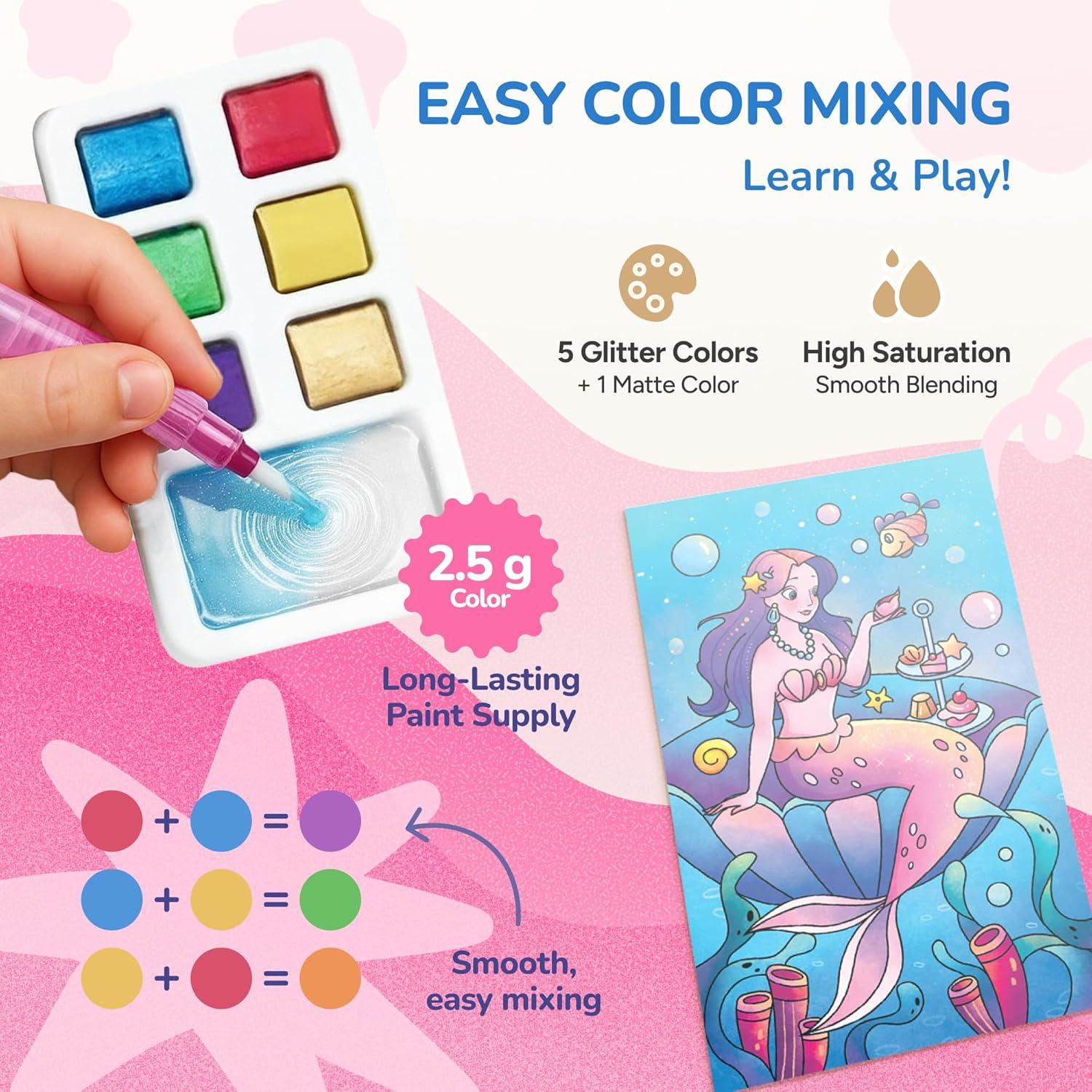 JoyCat Pocket Paint with Water Coloring Books for Kids, Art & Craft Activity Toy Set, Creative Travel & Home Painting Kit, Gifts for Girls & Boys Ages 3-8 (Animals)(2 Pack – Magical Pony & Ocean Princess)