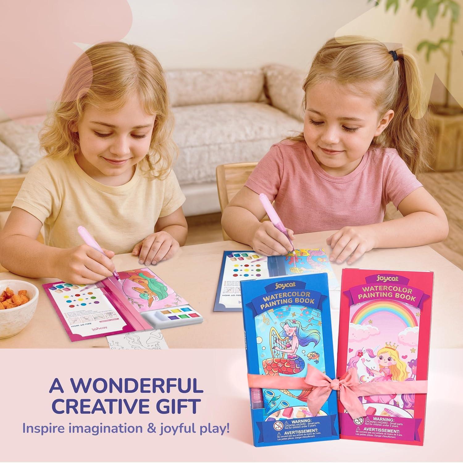 JoyCat Pocket Paint with Water Coloring Books for Kids, Art & Craft Activity Toy Set, Creative Travel & Home Painting Kit, Gifts for Girls & Boys Ages 3-8 (Animals)(2 Pack – Magical Pony & Ocean Princess)