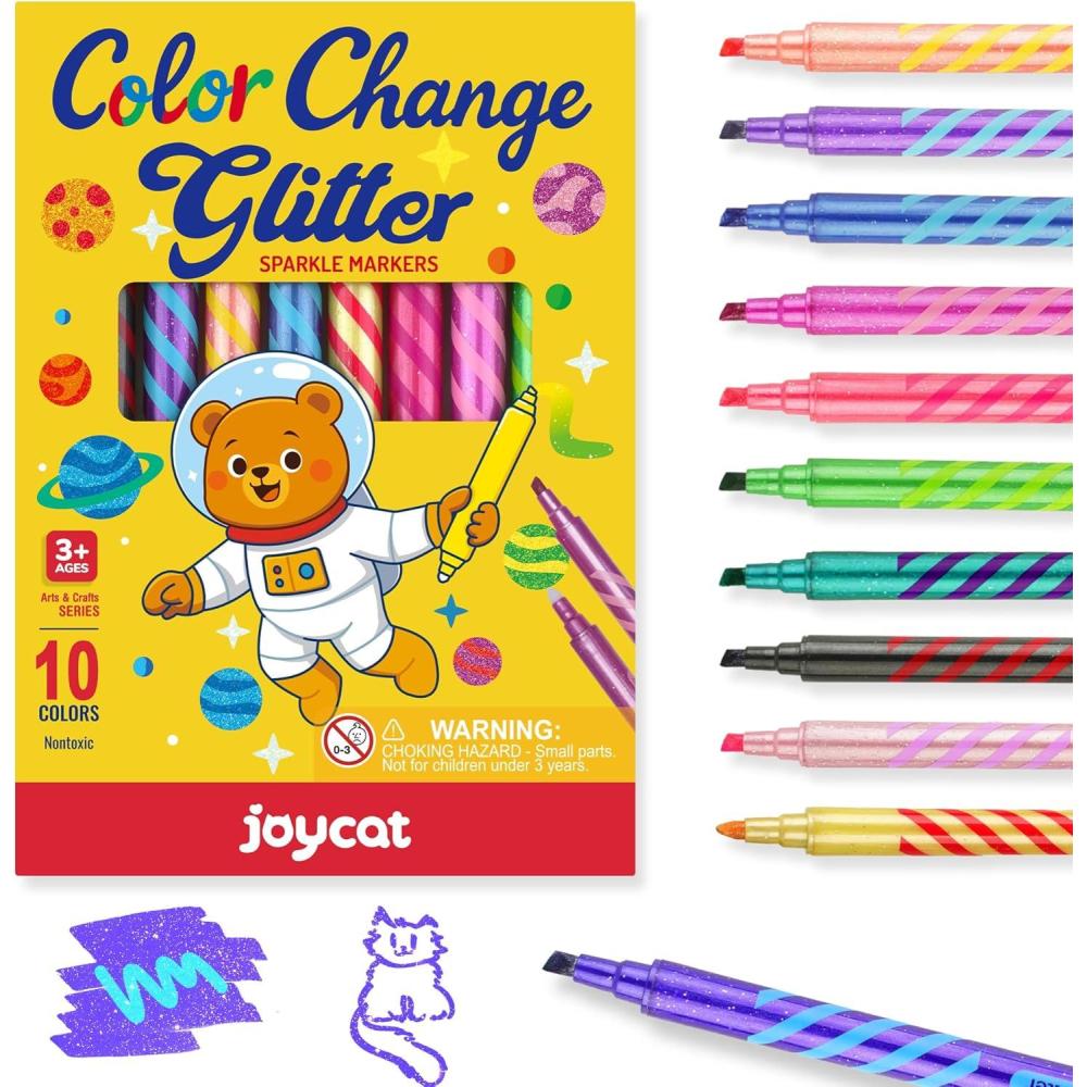 JoyCat 10 Color Changing Highlighter Pens,Dual Tip Magic Markers,Assorted Fluorescent Colors for Art Journaling,Note Taking&School Office Journaling Supplies,No Bleed,Ideal gift&marker for Kids&Adult(Glitter Color Changing Markers)