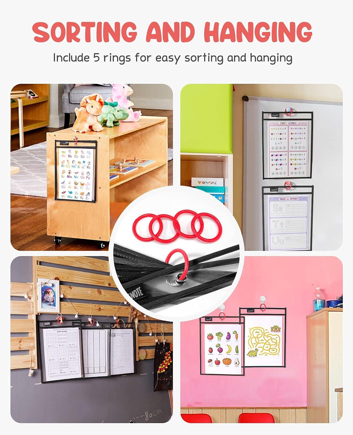 Gamenote Dry Erase Pockets 30 Pack with Rings, Oversized Reusable Plastic Sleeves Shop Job Ticket Holders Sheet Protectors Teacher Supplies Organization for Classroom Must Have, 10×14 Inches (Black)(Black)