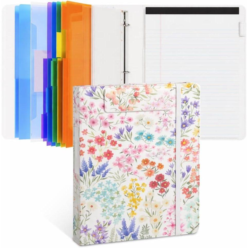 JoyCat 3 Ring Binder Clipboard with Storage,12.4″x10.2″ Magnetic Clipboard Folder with 5 Dividers with Expandable Pockets,Refillable Lined Notepad (11″ x 8.5″),Ideal for School Office Nursing (Flower)(Flower)