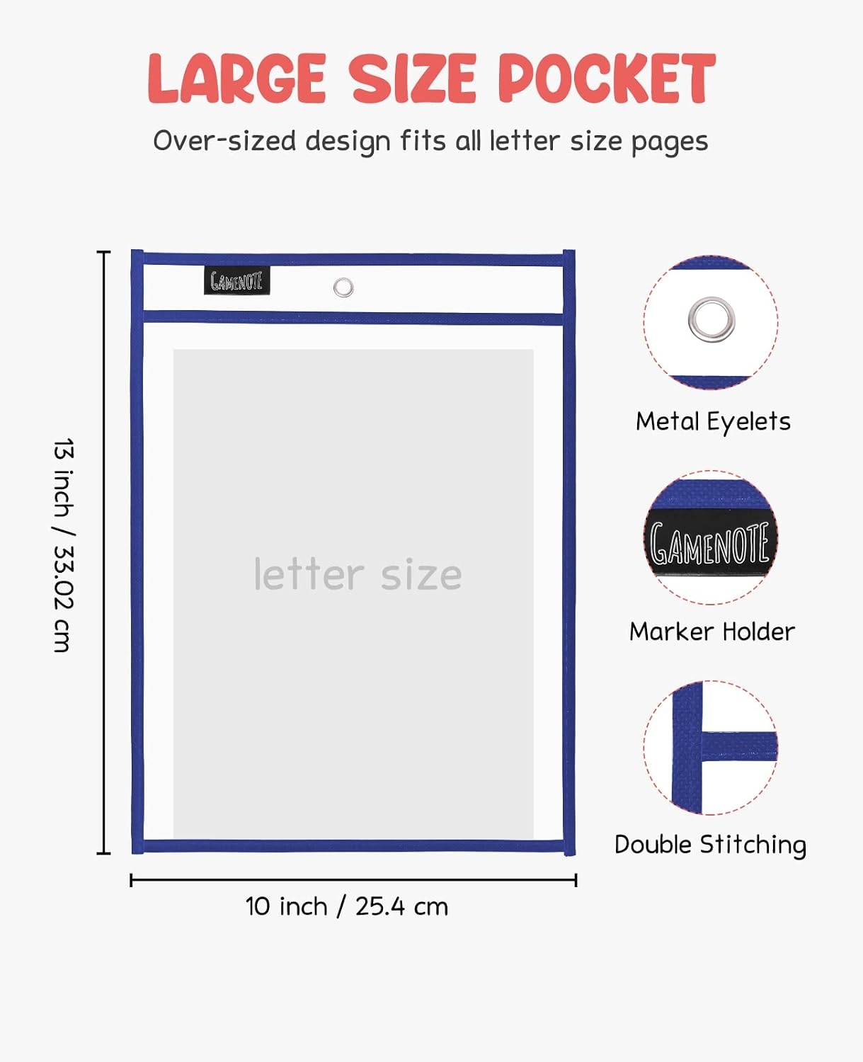 Gamenote 30 Pack White Dry Erase Pockets with 5 Rings, 10×14 Oversized Reusable Plastic Sleeves, Clear Sheet Protectors, Teacher Supplies for Classroom Organization(Blue)
