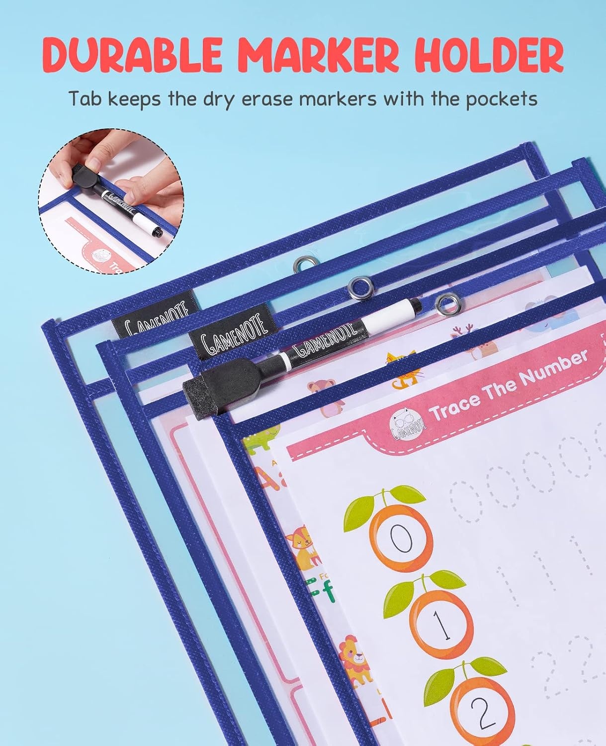 Gamenote 30 Pack White Dry Erase Pockets with 5 Rings, 10×14 Oversized Reusable Plastic Sleeves, Clear Sheet Protectors, Teacher Supplies for Classroom Organization(Blue)