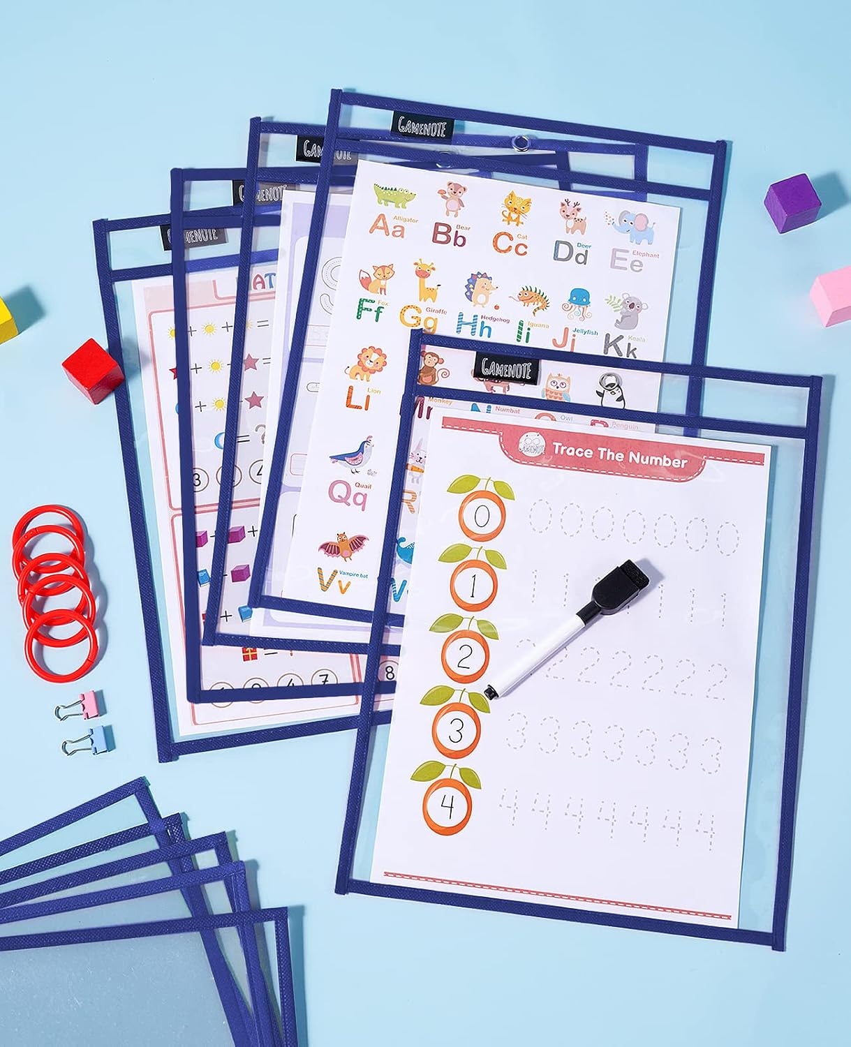 Gamenote 30 Pack White Dry Erase Pockets with 5 Rings, 10×14 Oversized Reusable Plastic Sleeves, Clear Sheet Protectors, Teacher Supplies for Classroom Organization(Blue)