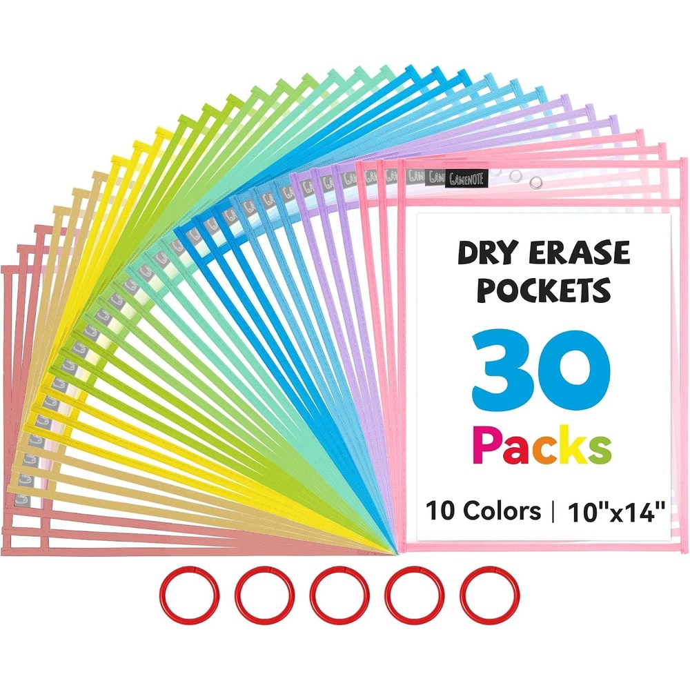 Gamenote 30 Pack White Dry Erase Pockets with 5 Rings, 10×14 Oversized Reusable Plastic Sleeves, Clear Sheet Protectors, Teacher Supplies for Classroom Organization(Pastel)