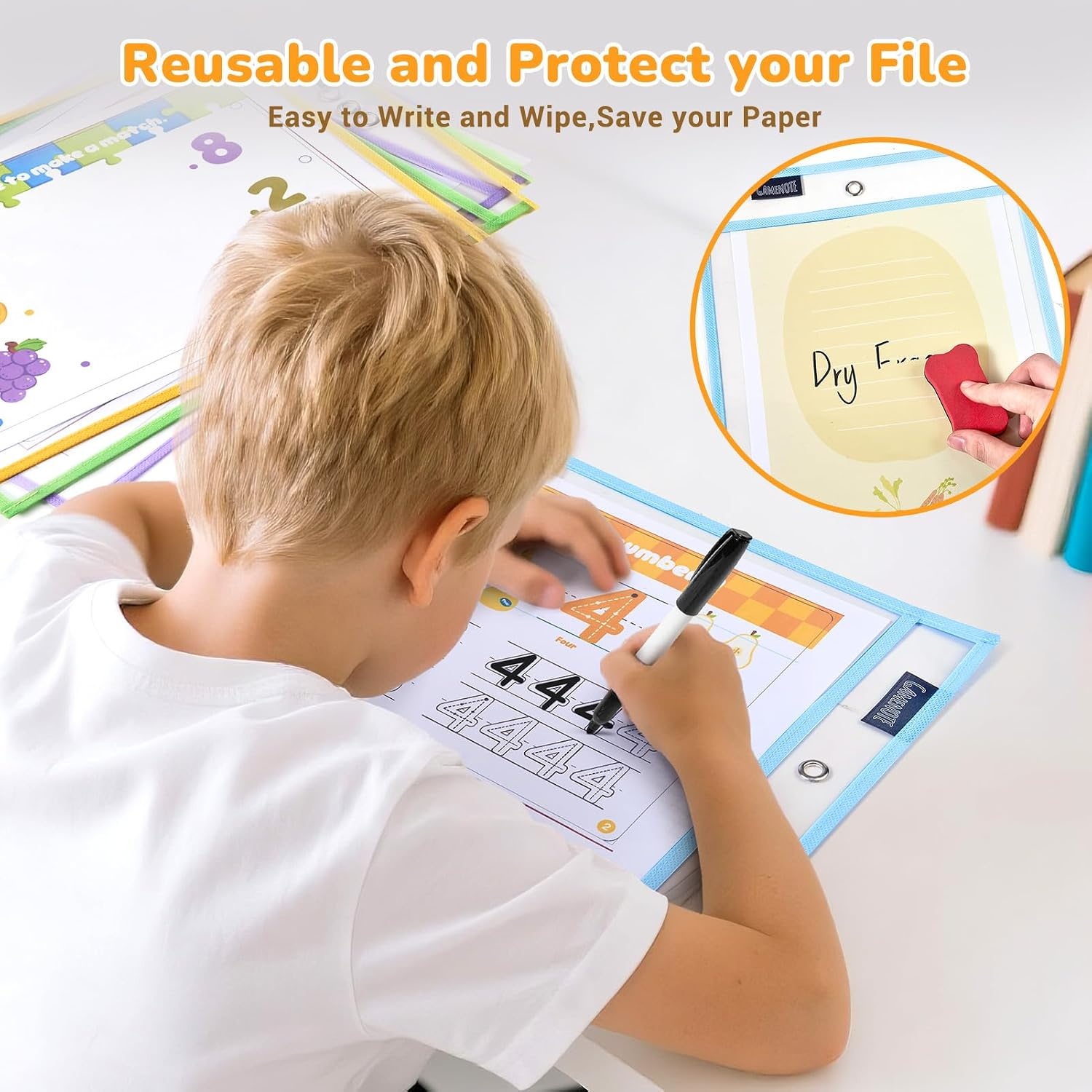 Gamenote 30 Pack White Dry Erase Pockets with 5 Rings, 10×14 Oversized Reusable Plastic Sleeves, Clear Sheet Protectors, Teacher Supplies for Classroom Organization(Pastel)