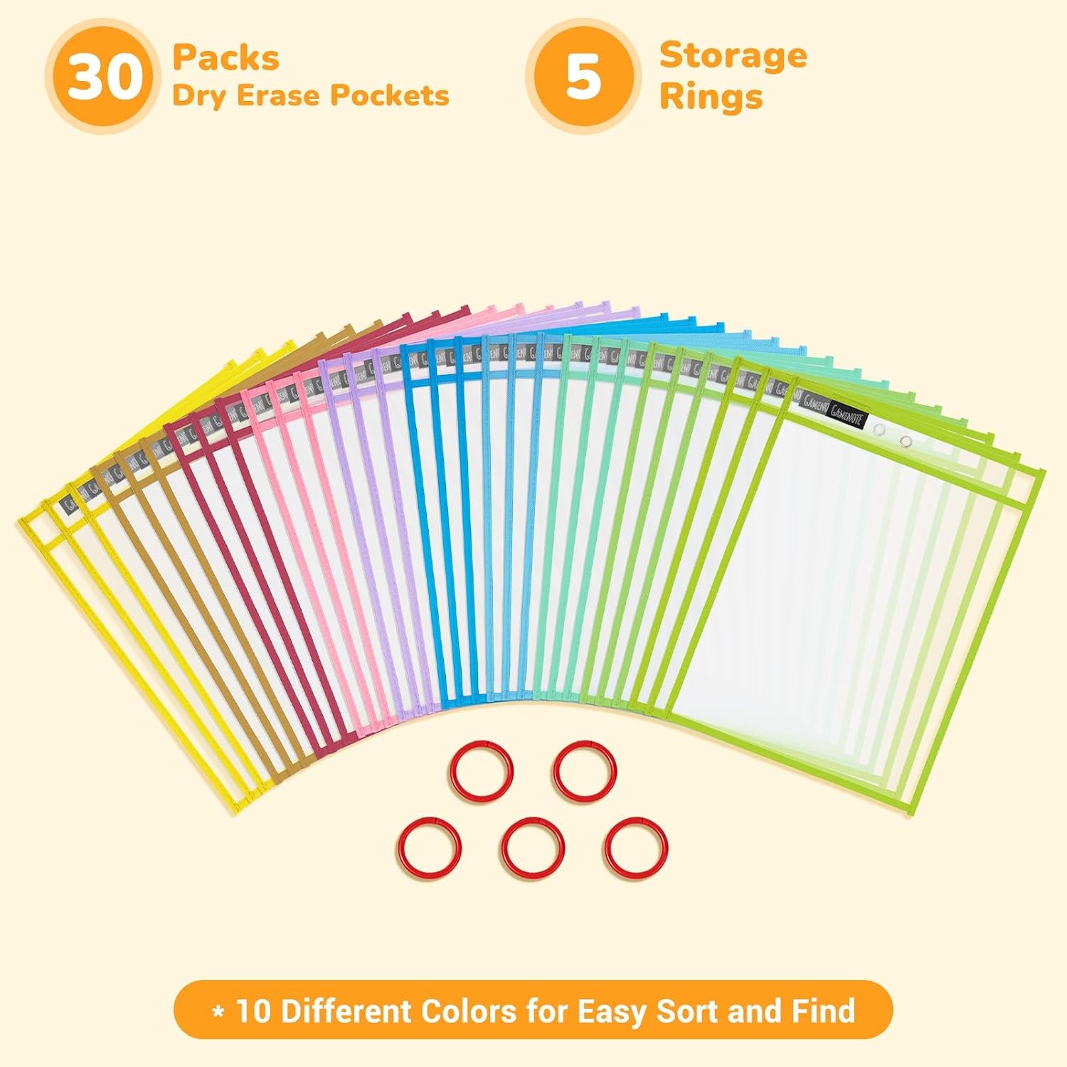 Gamenote 30 Pack White Dry Erase Pockets with 5 Rings, 10×14 Oversized Reusable Plastic Sleeves, Clear Sheet Protectors, Teacher Supplies for Classroom Organization(Pastel)