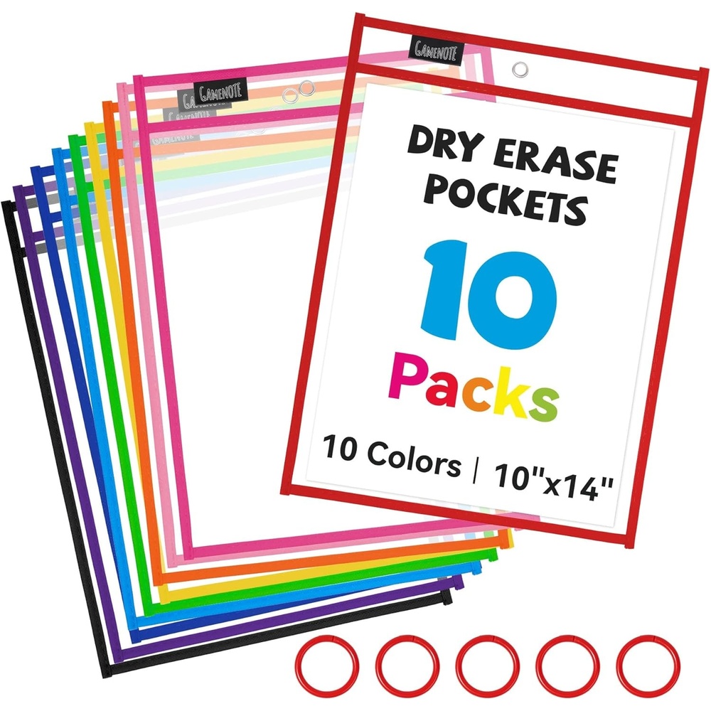 Gamenote 30 Pack White Dry Erase Pockets with 5 Rings, 10×14 Oversized Reusable Plastic Sleeves, Clear Sheet Protectors, Teacher Supplies for Classroom Organization(Assorted Colors)