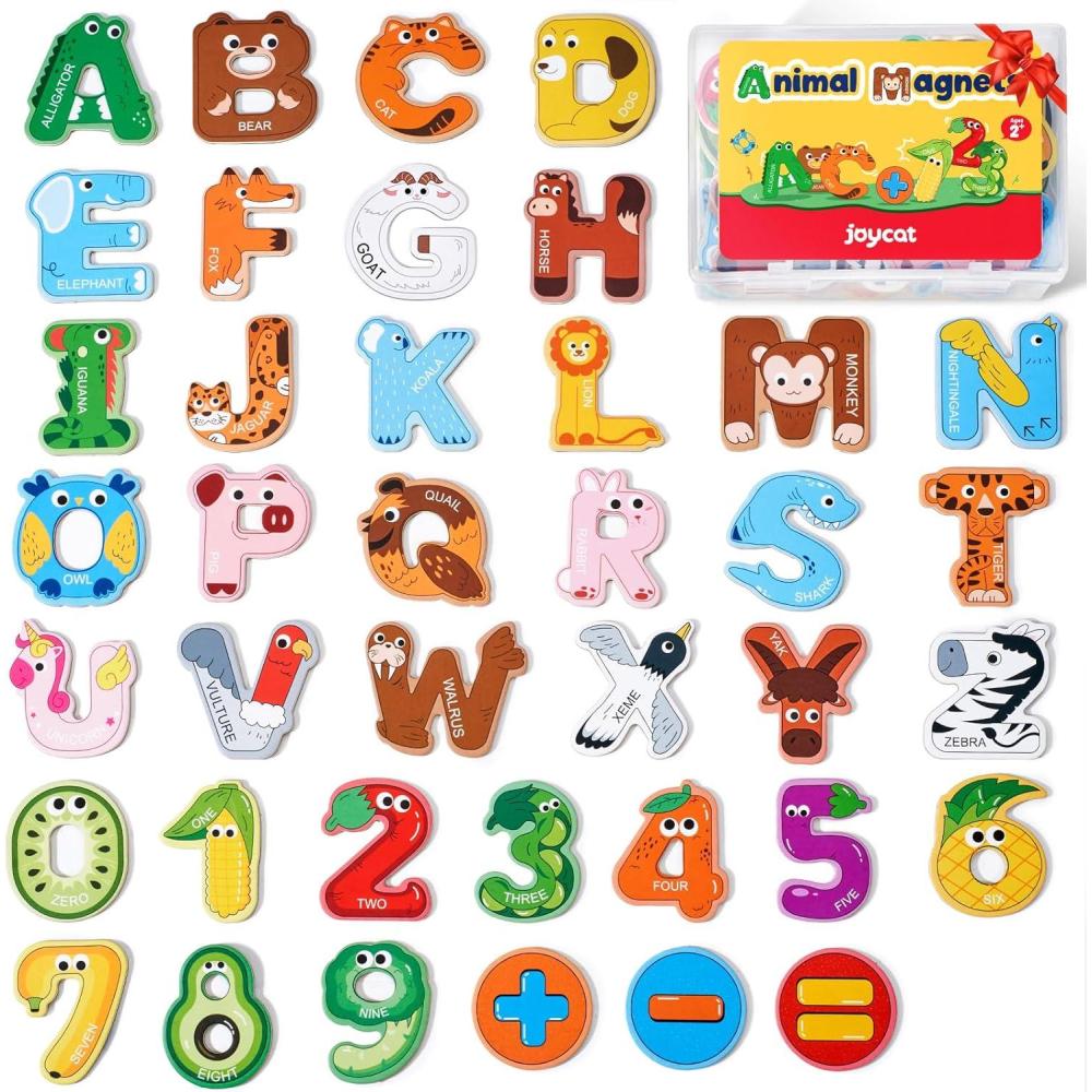 JoyCat Wooden Thick Alphabet Magnets for Toddlers Fridge Large Size Cute Animal Colorful ABC Magnetic Letters 26 Uppercase Letters 0-9 Numbers Toy Set for Kids Toddlers Preschool Learning Spelling(Letters+Numbers)