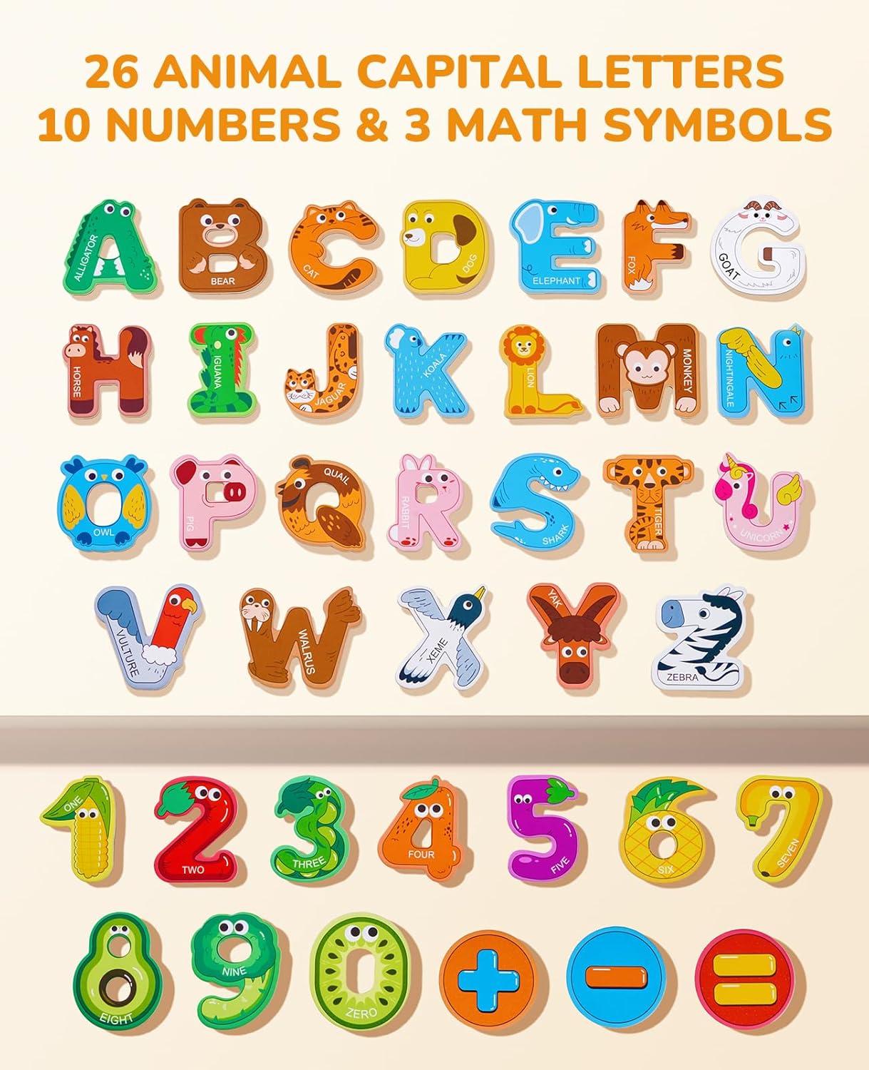 JoyCat Wooden Thick Alphabet Magnets for Toddlers Fridge Large Size Cute Animal Colorful ABC Magnetic Letters 26 Uppercase Letters 0-9 Numbers Toy Set for Kids Toddlers Preschool Learning Spelling(Letters+Numbers)