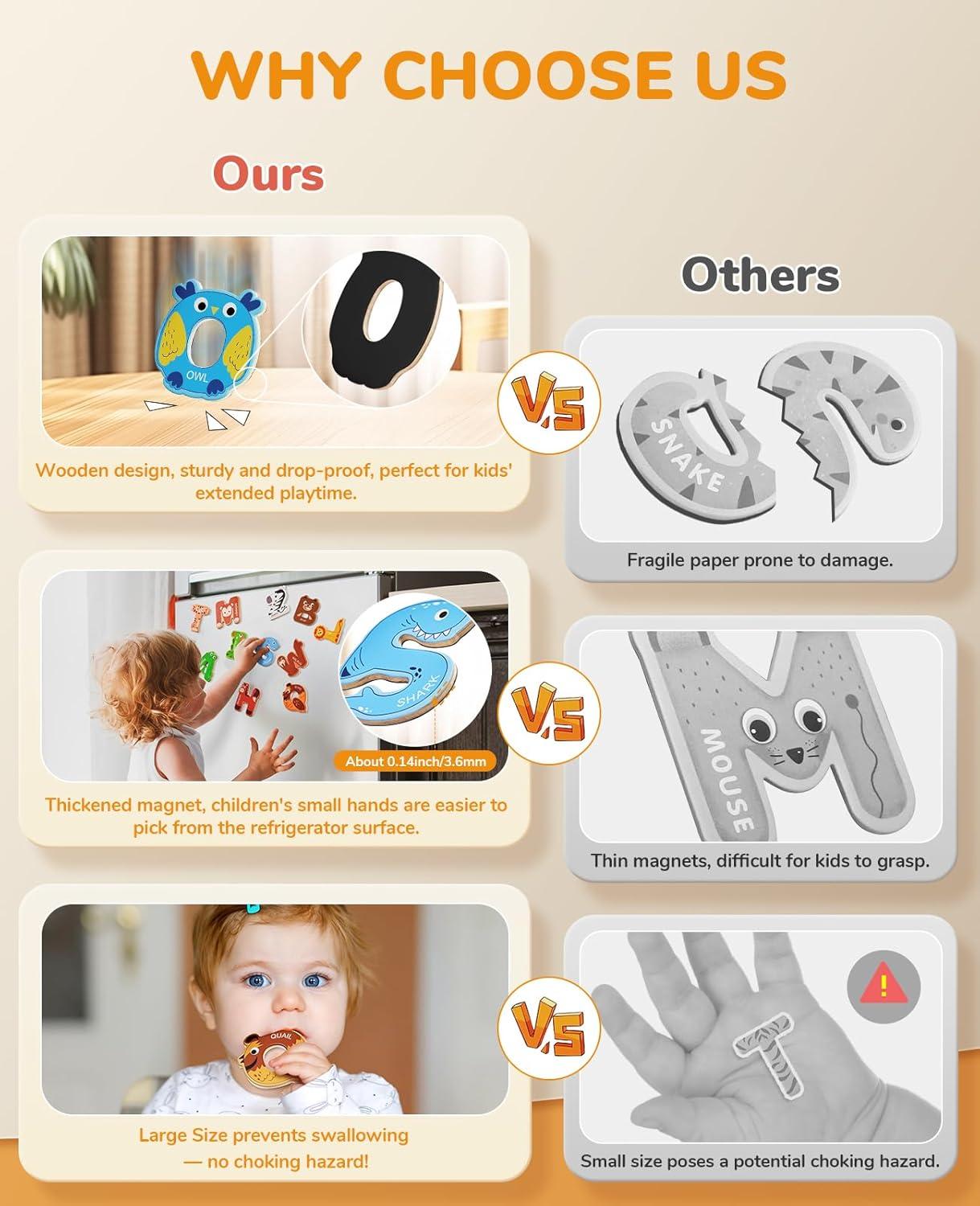 JoyCat Wooden Thick Alphabet Magnets for Toddlers Fridge Large Size Cute Animal Colorful ABC Magnetic Letters 26 Uppercase Letters 0-9 Numbers Toy Set for Kids Toddlers Preschool Learning Spelling(Letters+Numbers)