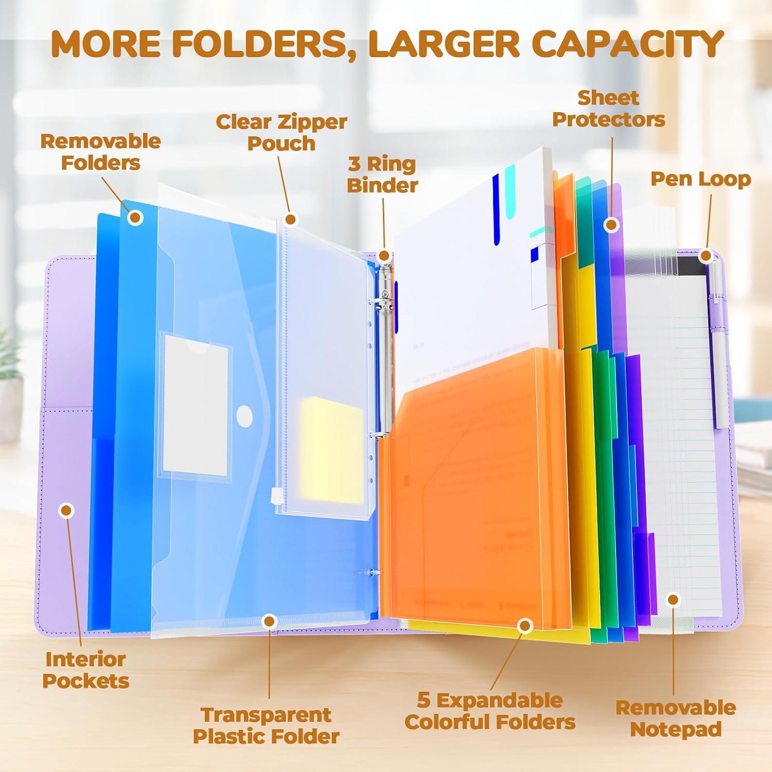 JoyCat 3 Ring Binder Clipboard with Storage,12.4″x10.2″Magnetic Clipboard Folder with 5 Expandable Folders,Refillable Lined Notepad (11″ x 8.5″),Ideal for School Office Nursing(Pink)(Purple)