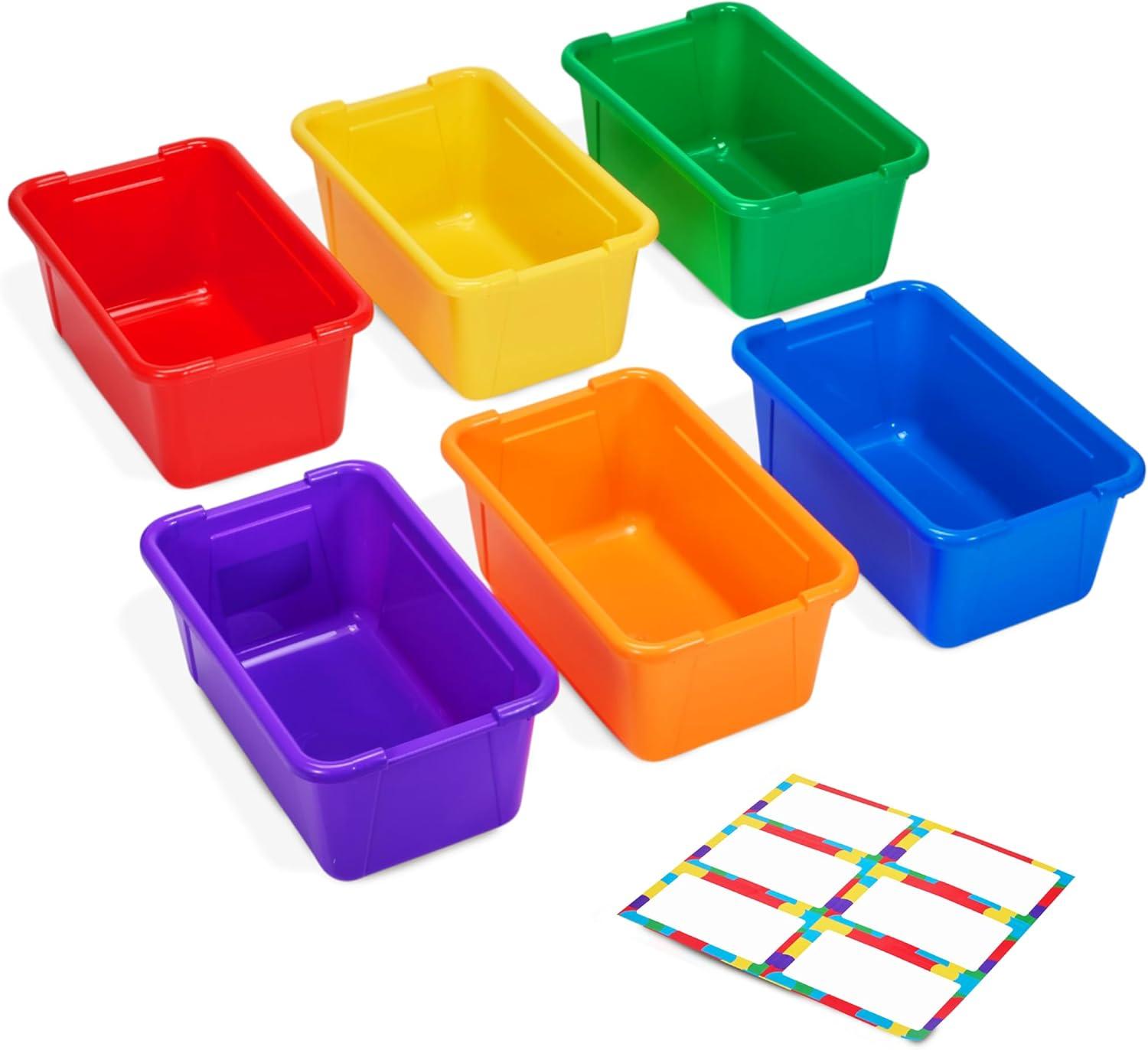 GAMENOTE 6 Quart Open Storage Bins – 6 Pack Rainbow Plastic Stackable Bins for Classroom & Kids Toy Organization with Removable Labeling Stickers, Opaque Shoe Box Size Containers for Crafts & Building(6)