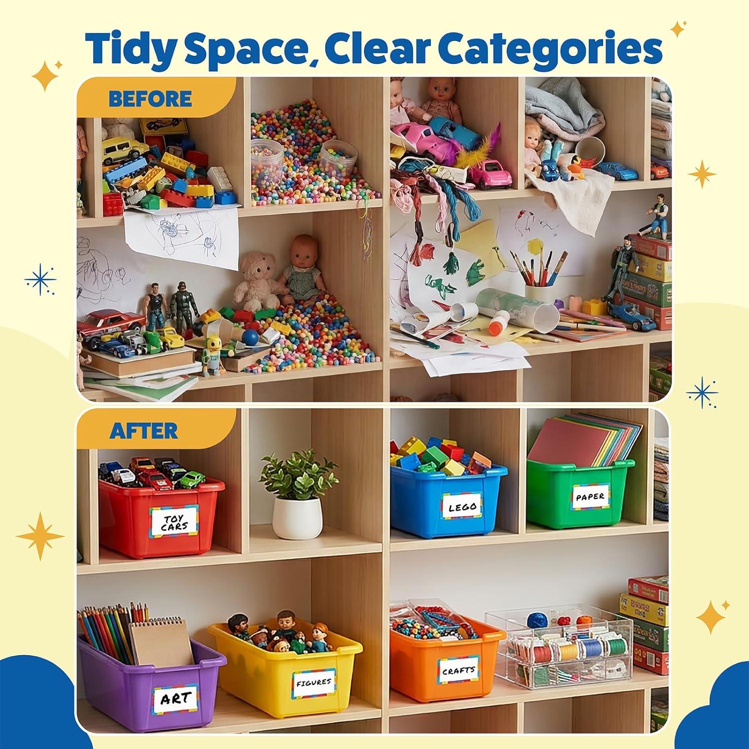 GAMENOTE 6 Quart Open Storage Bins – 6 Pack Rainbow Plastic Stackable Bins for Classroom & Kids Toy Organization with Removable Labeling Stickers, Opaque Shoe Box Size Containers for Crafts & Building(6)