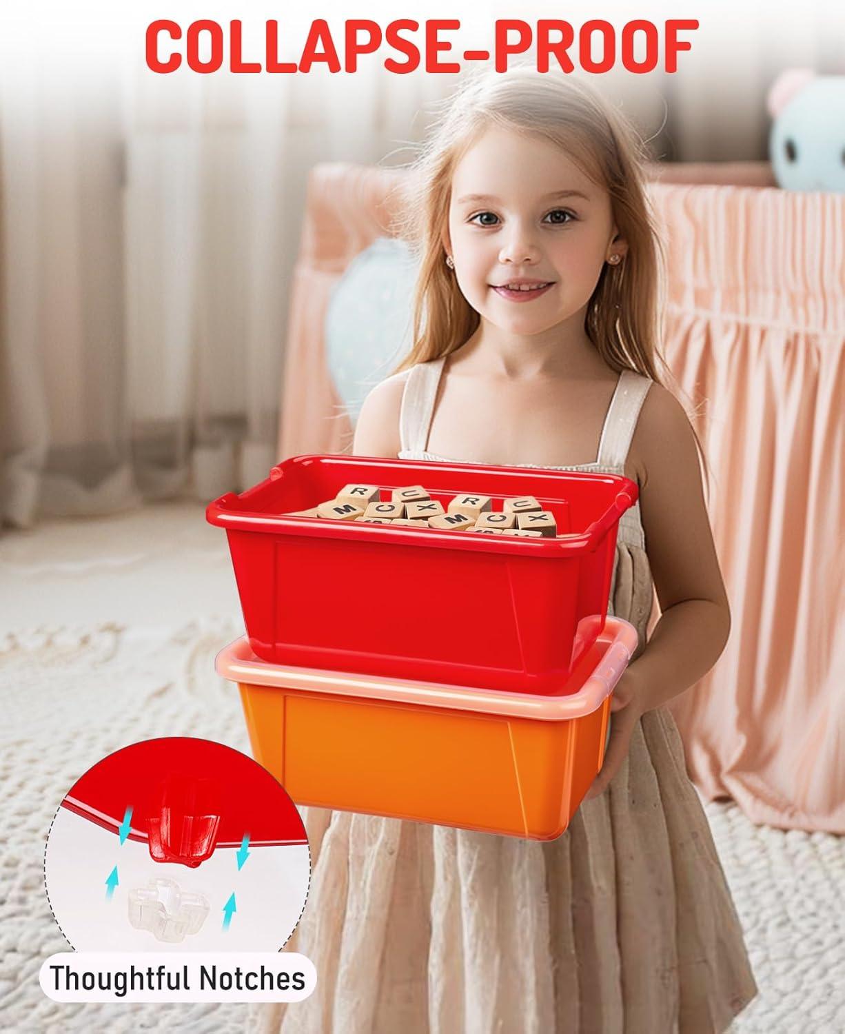 GAMENOTE 6 Quart Open Storage Bins – 6 Pack Rainbow Plastic Stackable Bins for Classroom & Kids Toy Organization with Removable Labeling Stickers, Opaque Shoe Box Size Containers for Crafts & Building(6)