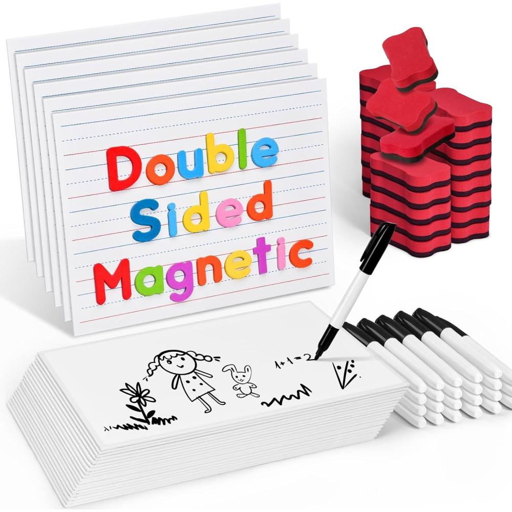 GAMENOTE 6 Pack Magnetic Dry Erase Lap Boards for Kids, 9×12 Double-Sided Lined and Blank Whiteboards with Markers & Erasers, Small Classroom and Homeschool Writing Board(24)