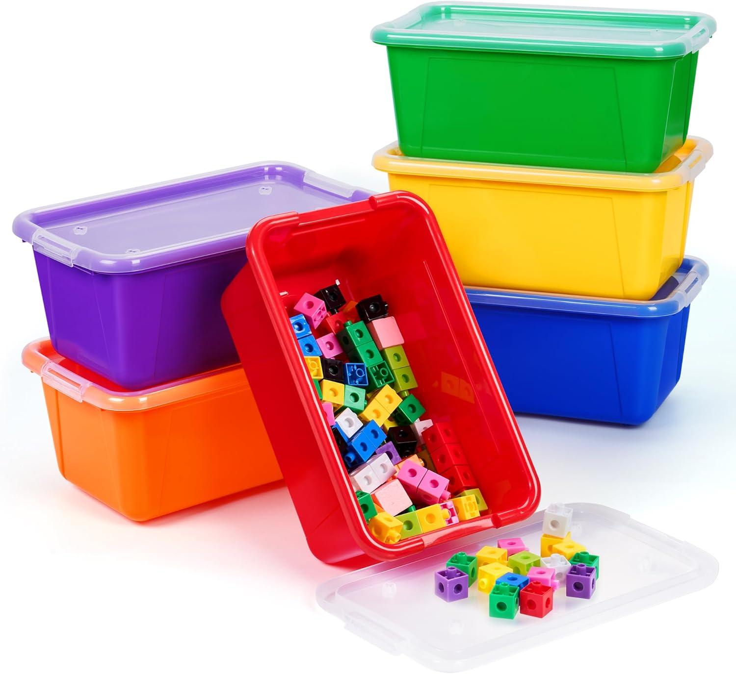 GAMENOTE 6 Quart Storage Bins with Lids,6 Pack Rainbow Plastic Latching Box for Classroom&Kids Toy Storage Opaque Stackable Shoe Box Size Containers for STEM Morning Tubs, Crafts & Building Blocks(6)
