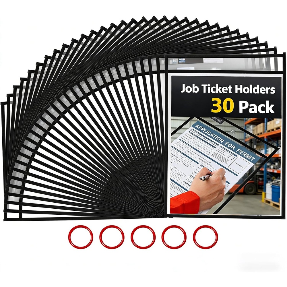 Gamenote 30 Pack White Dry Erase Pockets with 5 Rings, 10×14 Oversized Reusable Plastic Sleeves, Clear Sheet Protectors, Teacher Supplies for Classroom Organization(Black)