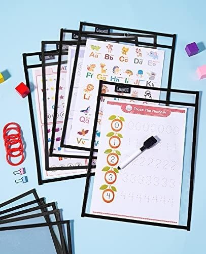 Gamenote 30 Pack White Dry Erase Pockets with 5 Rings, 10×14 Oversized Reusable Plastic Sleeves, Clear Sheet Protectors, Teacher Supplies for Classroom Organization(Black)