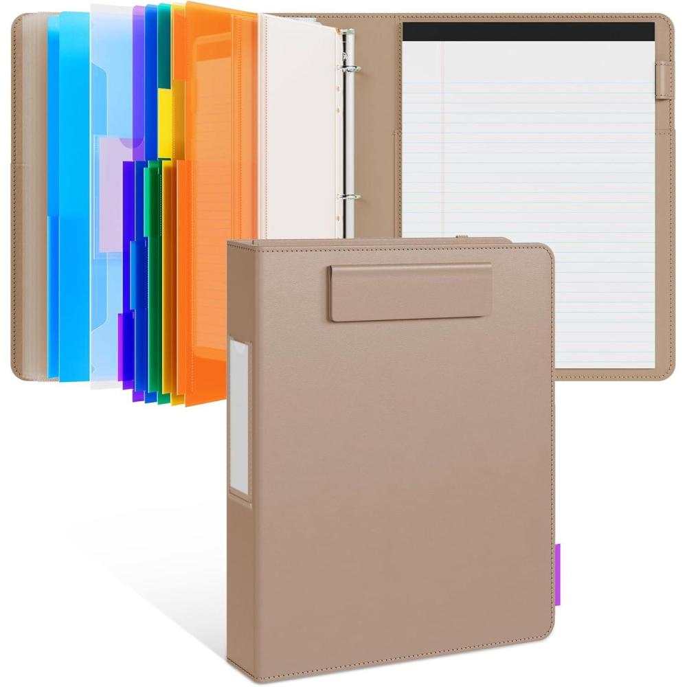 JoyCat 3 Ring Binder Clipboard with Storage,12.4″x10.2″Magnetic Clipboard Folder with 5 Expandable Folders,Refillable Lined Notepad (11″ x 8.5″),Ideal for School Office Nursing(Pink)(Khaki)