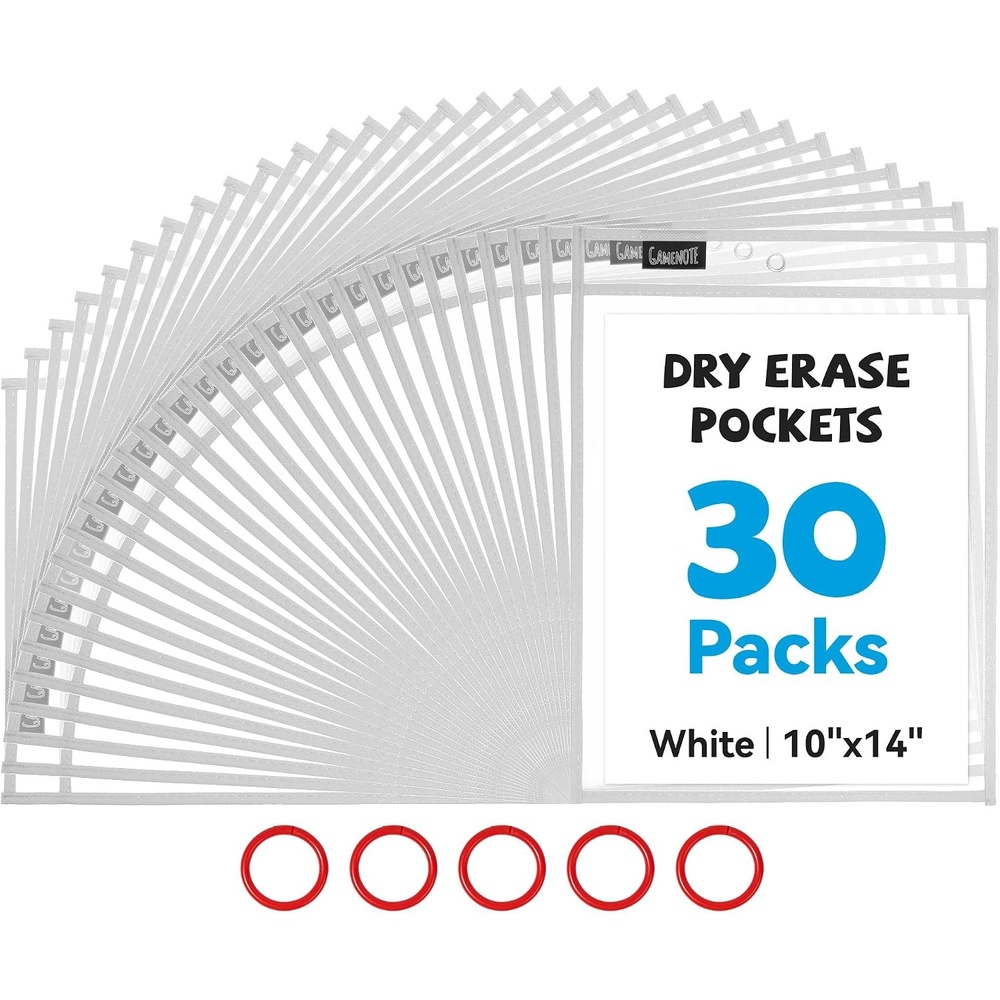 Gamenote 30 Pack White Dry Erase Pockets with 5 Rings, 10×14 Oversized Reusable Plastic Sleeves, Clear Sheet Protectors, Teacher Supplies for Classroom Organization(White)