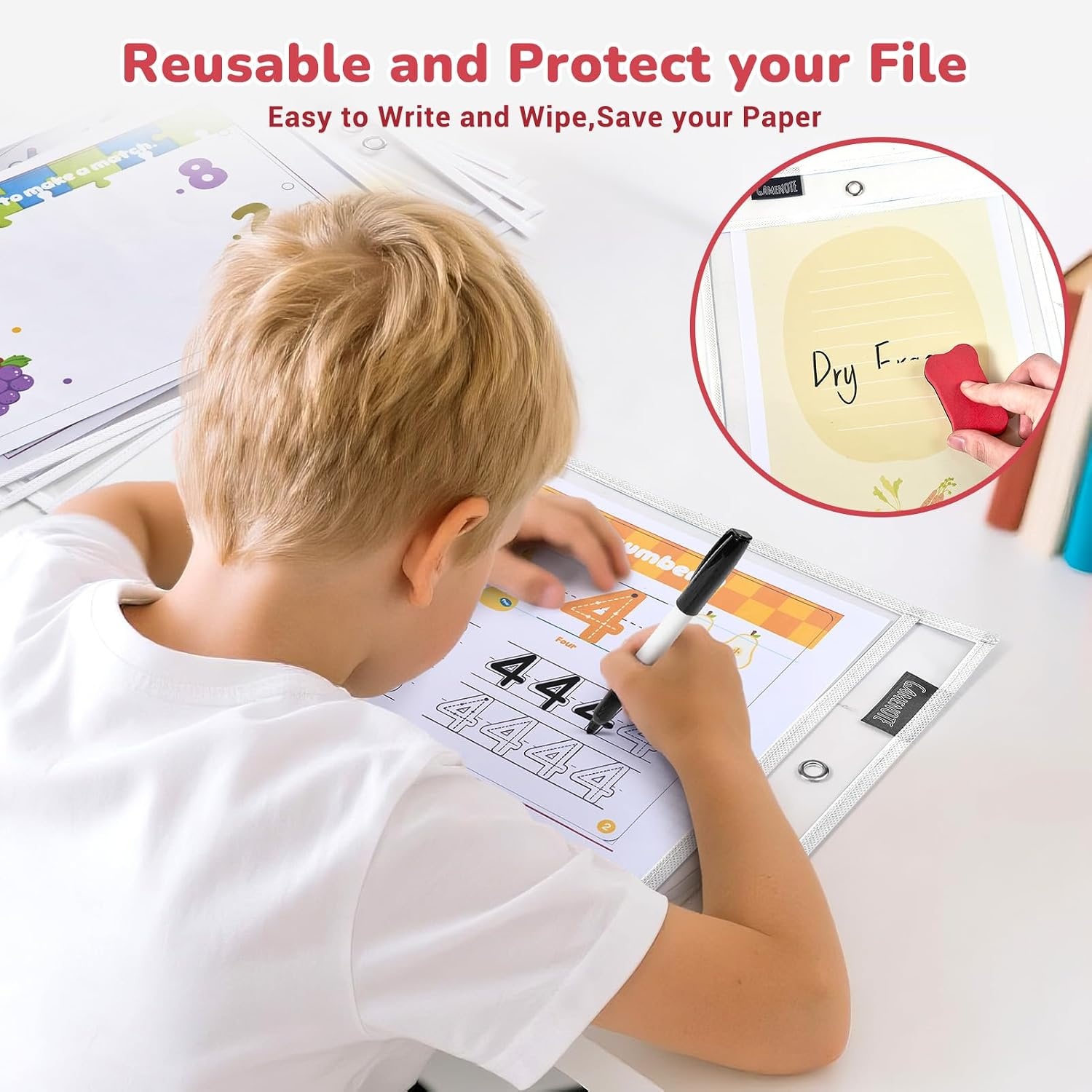Gamenote 30 Pack White Dry Erase Pockets with 5 Rings, 10×14 Oversized Reusable Plastic Sleeves, Clear Sheet Protectors, Teacher Supplies for Classroom Organization(White)