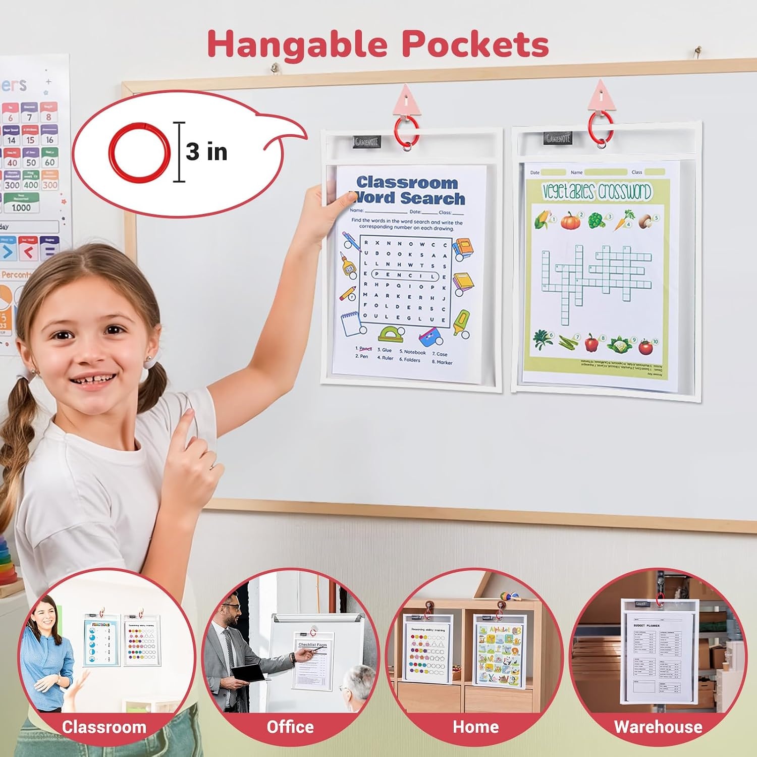 Gamenote 30 Pack White Dry Erase Pockets with 5 Rings, 10×14 Oversized Reusable Plastic Sleeves, Clear Sheet Protectors, Teacher Supplies for Classroom Organization(White)