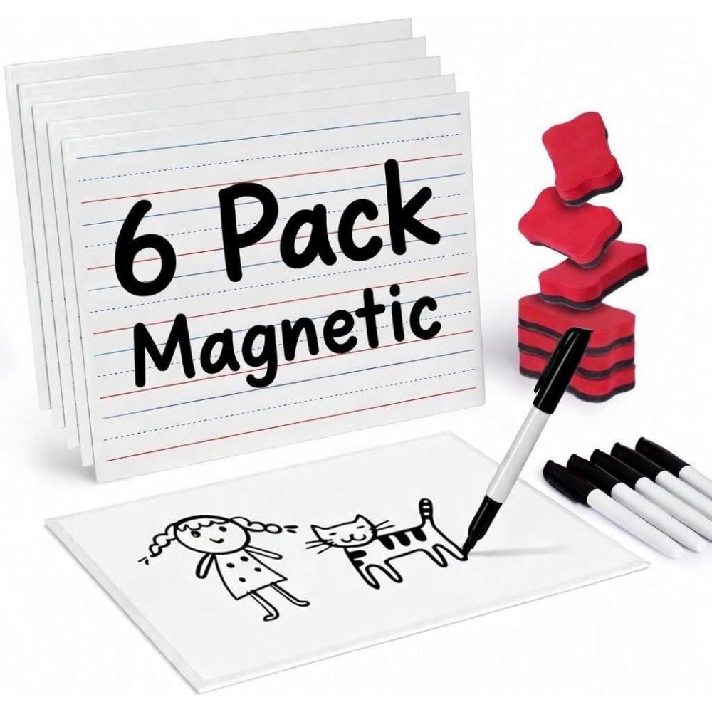 GAMENOTE 6 Pack Magnetic Dry Erase Lap Boards for Kids, 9×12 Double-Sided Lined and Blank Whiteboards with Markers & Erasers, Small Classroom and Homeschool Writing Board(6)