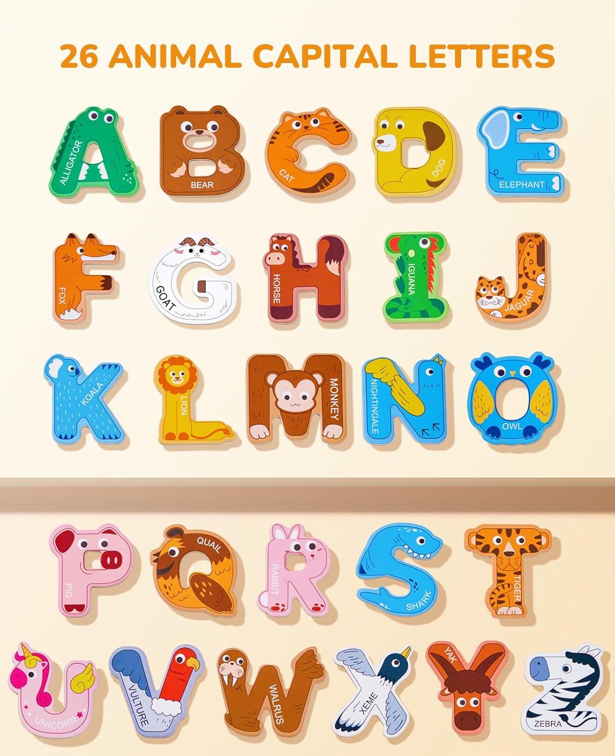 JoyCat Wooden Thick Alphabet Magnets for Toddlers Fridge Large Size Cute Animal Colorful ABC Magnetic Letters 26 Uppercase Letters 0-9 Numbers Toy Set for Kids Toddlers Preschool Learning Spelling(Letters)
