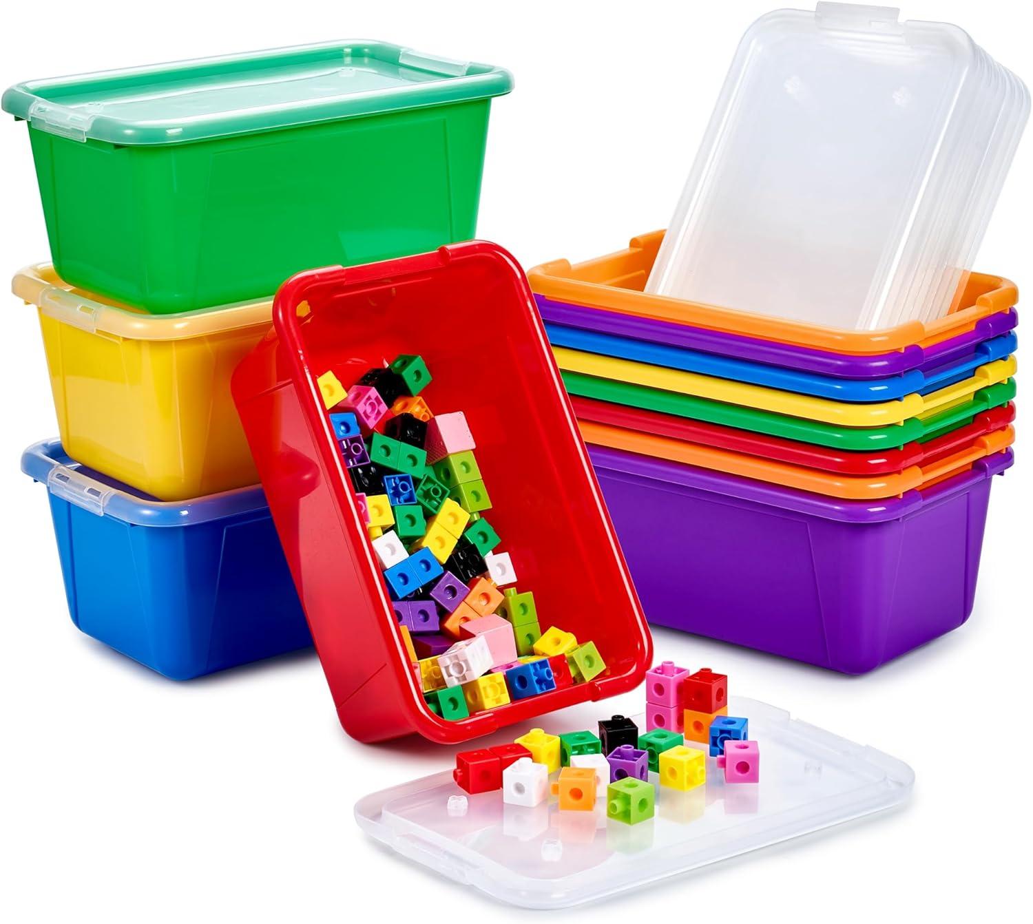 GAMENOTE 6 Quart Storage Bins with Lids,6 Pack Rainbow Plastic Latching Box for Classroom&Kids Toy Storage Opaque Stackable Shoe Box Size Containers for STEM Morning Tubs, Crafts & Building Blocks(12)
