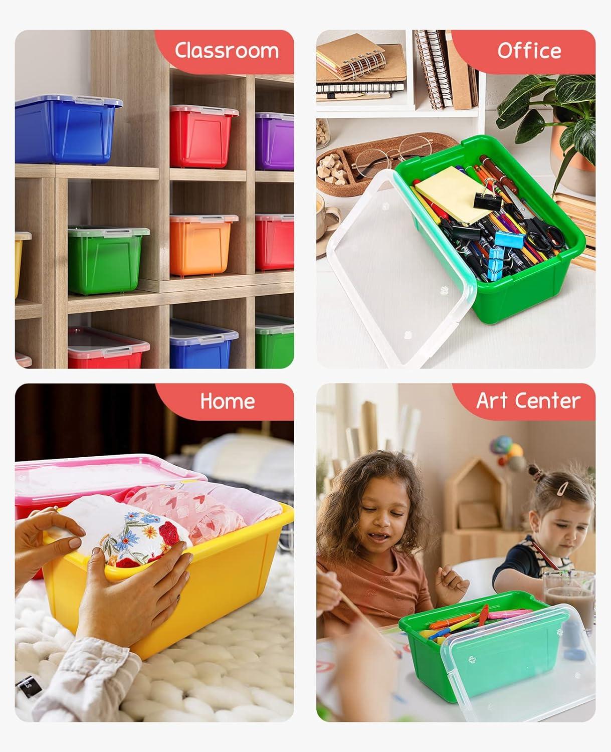 GAMENOTE 6 Quart Open Storage Bins – 6 Pack Rainbow Plastic Stackable Bins for Classroom & Kids Toy Organization with Removable Labeling Stickers, Opaque Shoe Box Size Containers for Crafts & Building(12)